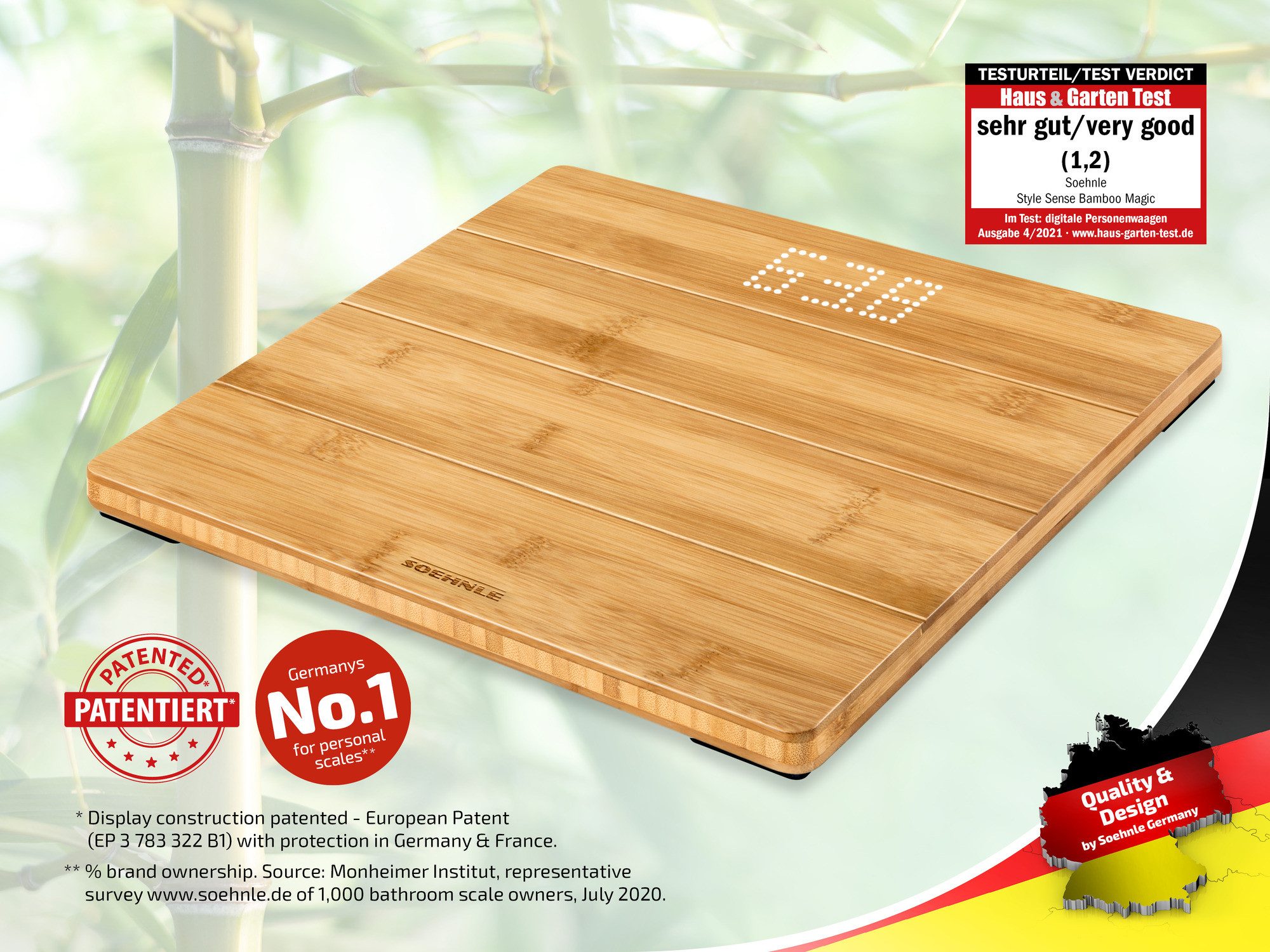 Soehnle Personenwaage Style Sense Bamboo Magic, 1-tlg., LED-Anzeige, bis 180kg, große Trittfläche aus Bambus, inkl. Batterien