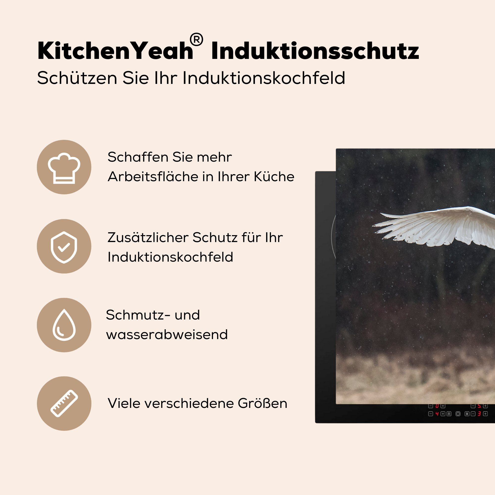 fliegt ausgebreiteten Herdblende-/Abdeckplatte Schneeeule 83x51 küche Ceranfeldabdeckung, Vinyl, Arbeitsplatte cm, tlg), für mit Flügeln, (1 MuchoWow