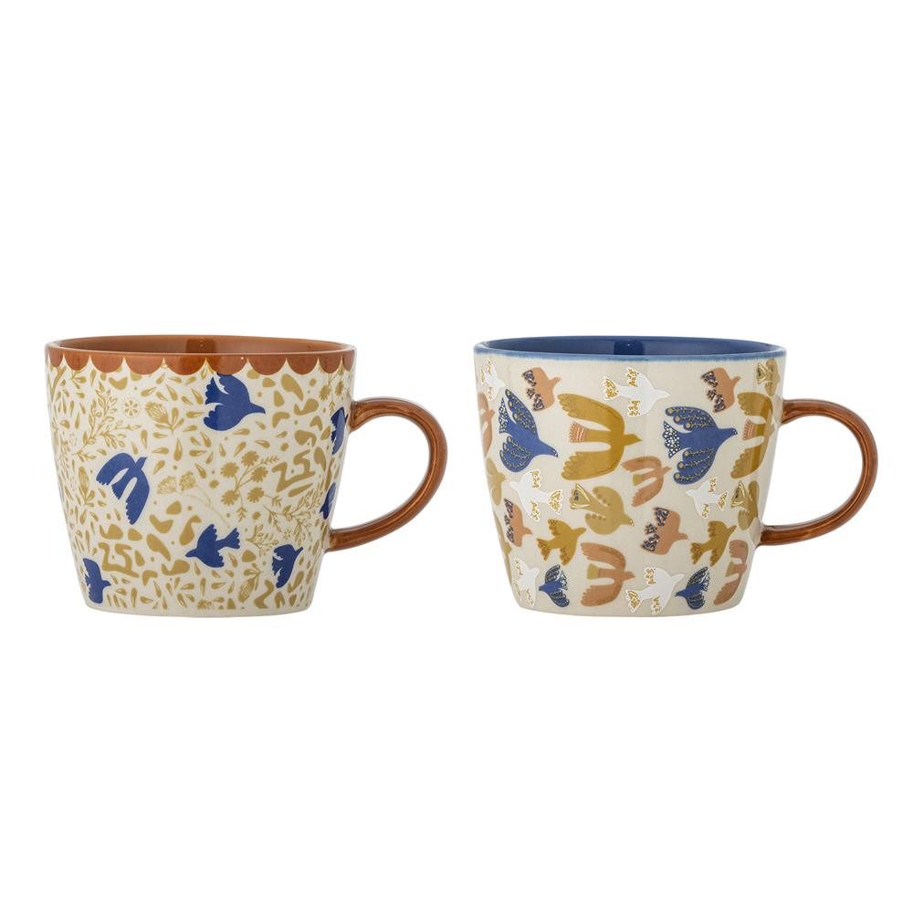 Bloomingville Tasse Anniversary Becher, Bunt, Steingut, D9,5xH8 cm, 2er Set, Steingut, Grafisches Motiv, Teebecher, Kaffeebecher Set, Handbemalt, Decal Druck