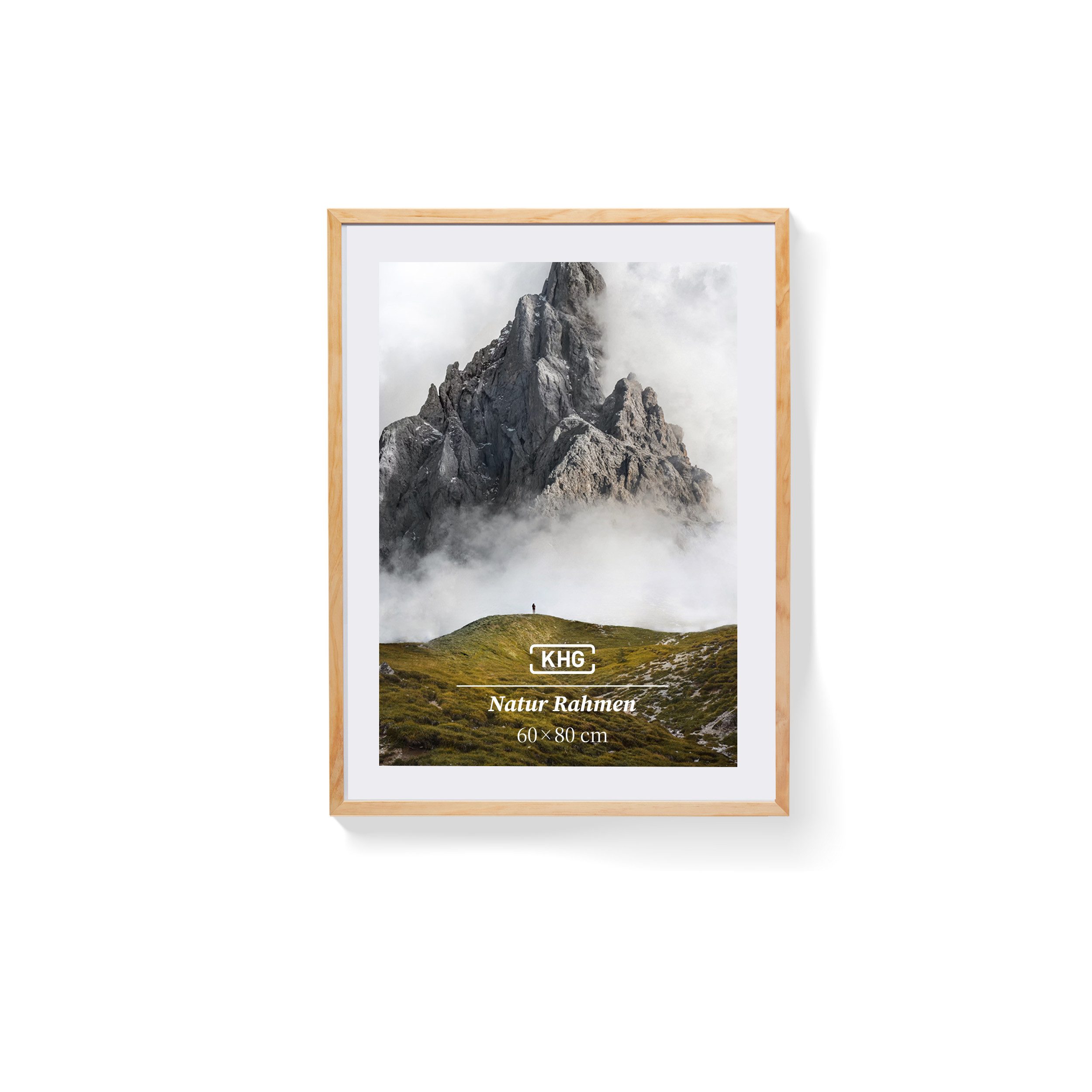 KHG Bilderrahmen 60x80 cm Natur, für 1 Bilder (stabile Glasfront, MDF-Holz-Rahmen foliert & Passepartout, 1 St), Premium-Rahmen für Fotos, Poster, Zertifikate & Collagen, MDF-Holz-Bilderrahmen, Glas, Passepartout