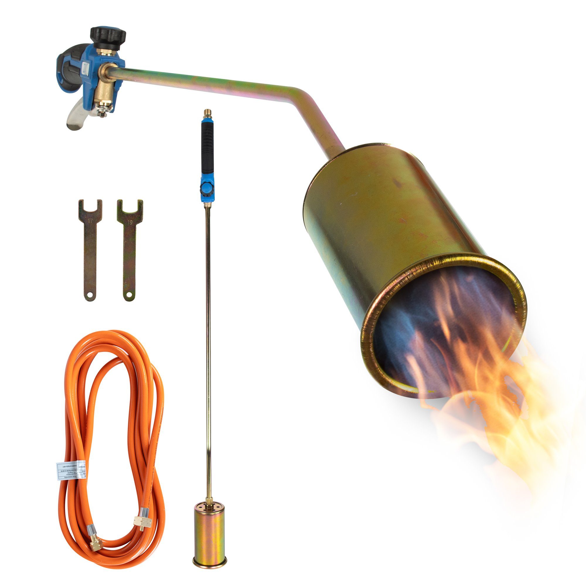 ZMC Unkrautbrenner Unkrautbrenner Abflammgerät 1850°C mit 5m Schlauch Unkrautvernichter, (inkl. 2 Konterschlüssel Anwärmbrenner Unkrautreiniger Dachbrenner, inkl. 2 Konterschlüssel Anwärmbrenner Unkrautreiniger Dachbrenner), Gasbrenner Flammenwerfer mit 69 kW bis zu 1850°C Grillanzünder