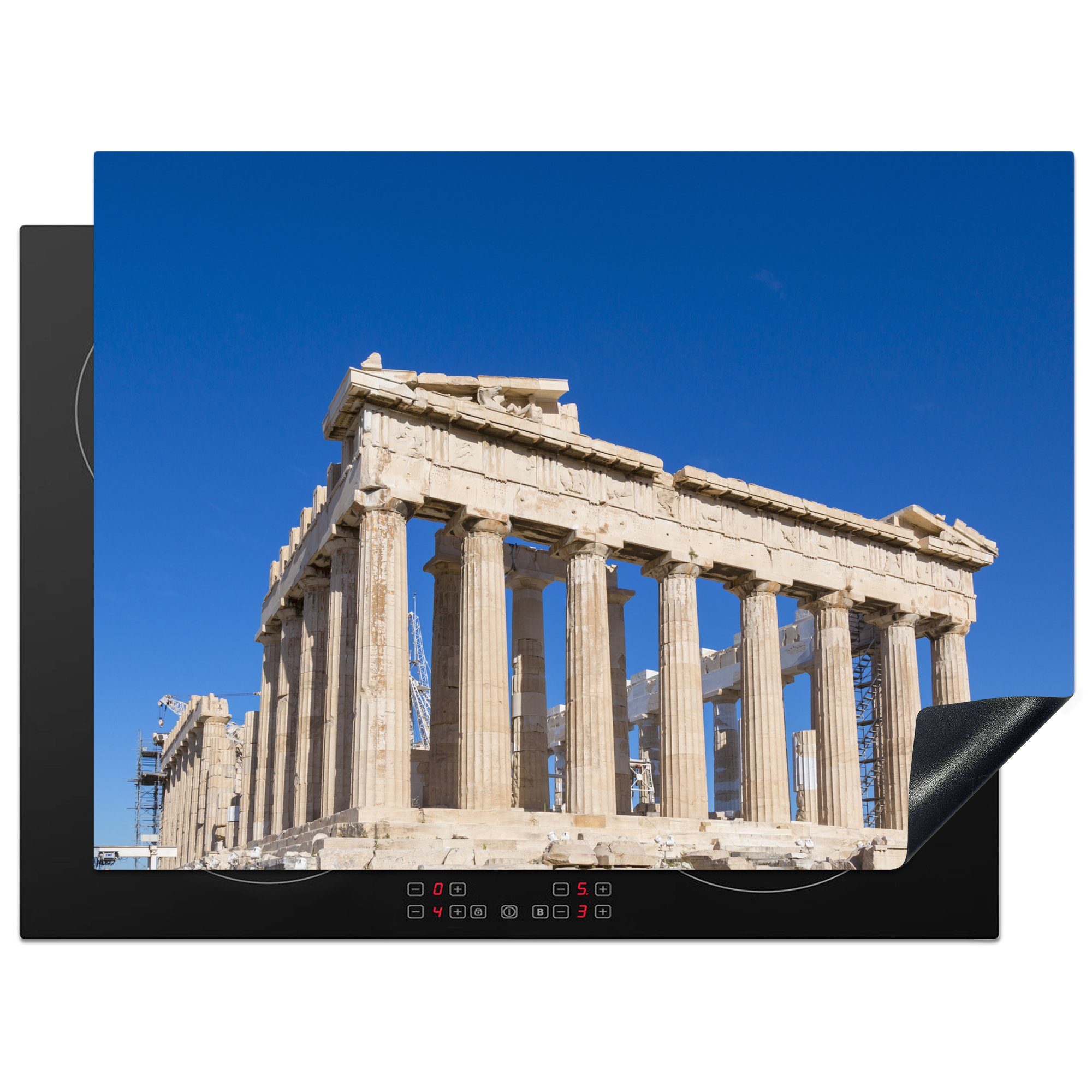 für Ceranfeldabdeckung 71x52 Schutz europäischen Vinyl, einem Athen, tlg), Parthenon Tag cm, küche, im die (1 MuchoWow Induktionskochfeld Herdblende-/Abdeckplatte sonnigen an