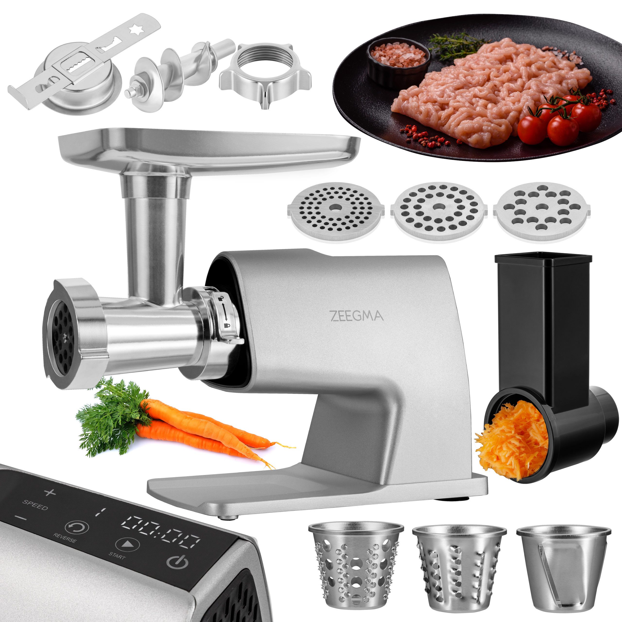 Zeegma Fleischwolf MOLEN MASTER, 2500 W, 2500 W/2,5 kg pro Min/LCD/3 Aufsätze/Keksform