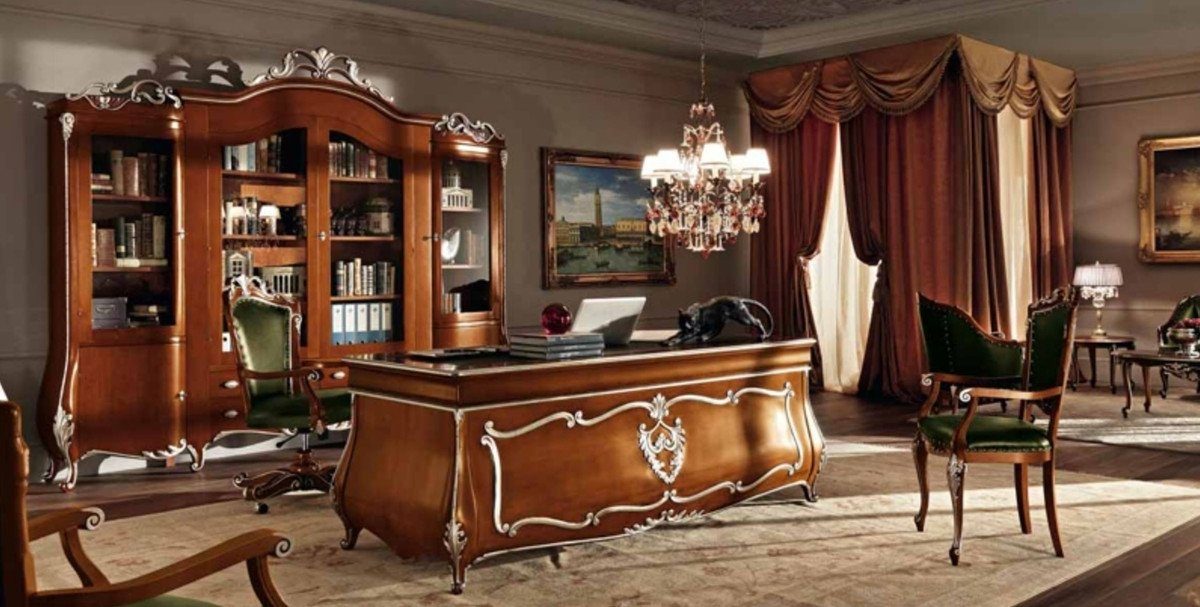 / Casa Luxus - Luxus Braun - Schreibtisch Padrino Barock in Büro - Möbel Made Barock - Edler Bürotisch Italy Massivholz Schreibtisch Qualität Silber