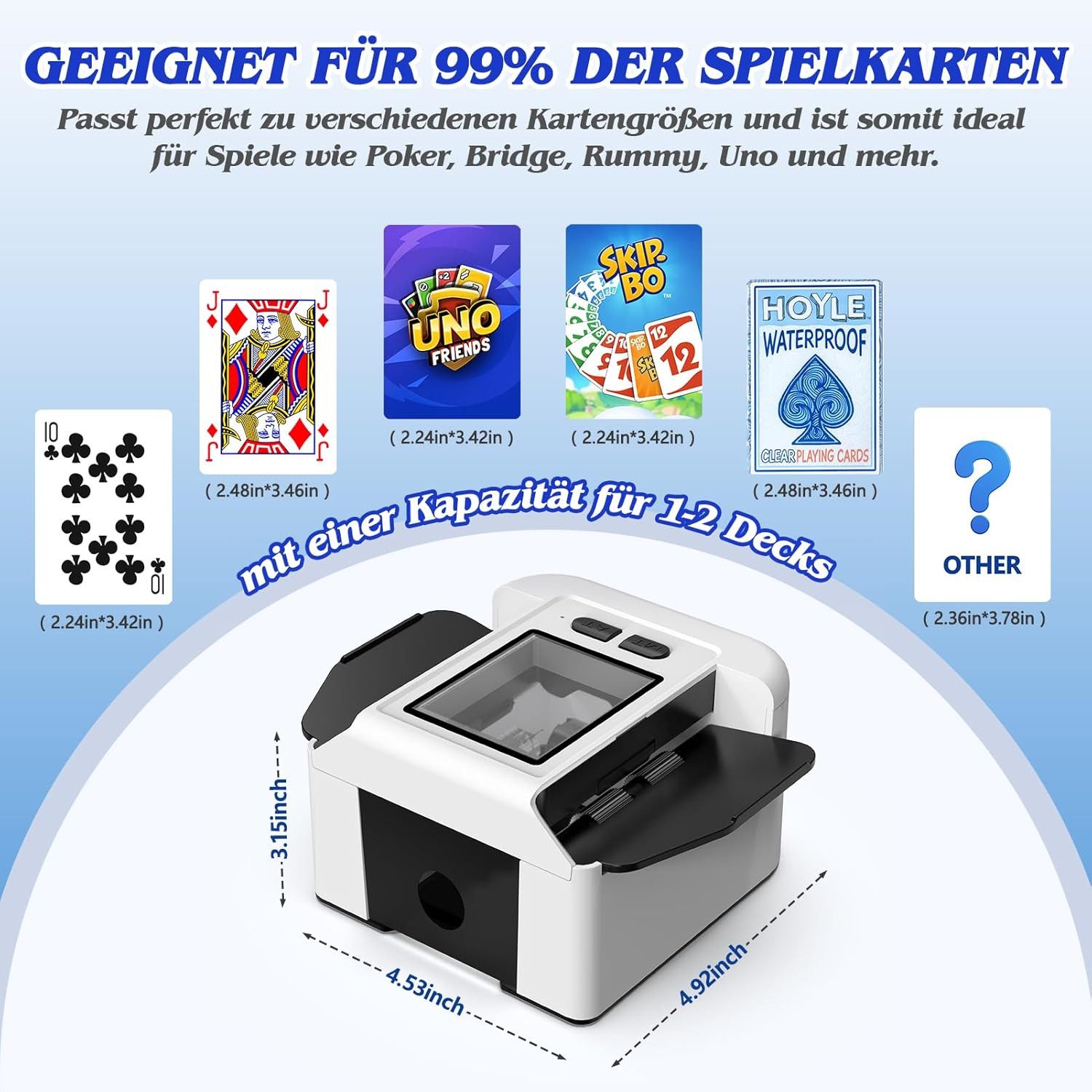 AKKEE Spiel Kartenmischmaschine Elektrische mit 2000 mAh Akku für 2 Decks, Kartenspiel, Automatisches Mischen und Manuelles Mischen