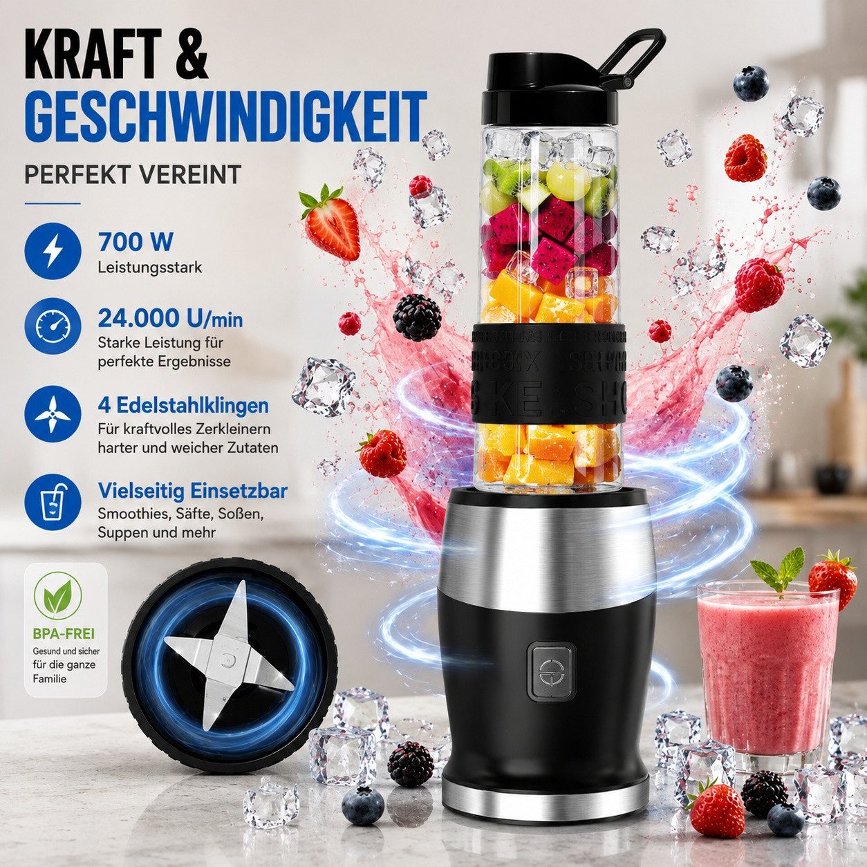 Fofile Standmixer 3-in-1 Mixer Smoothie Maker Zerkleinerer & Mühle mit Tragbarer Becher, 700 W, 24.000 U/min, 4 scharfen Edelstahlmessern, Ein-Knopf-Bedienung – Bild 5 von 5