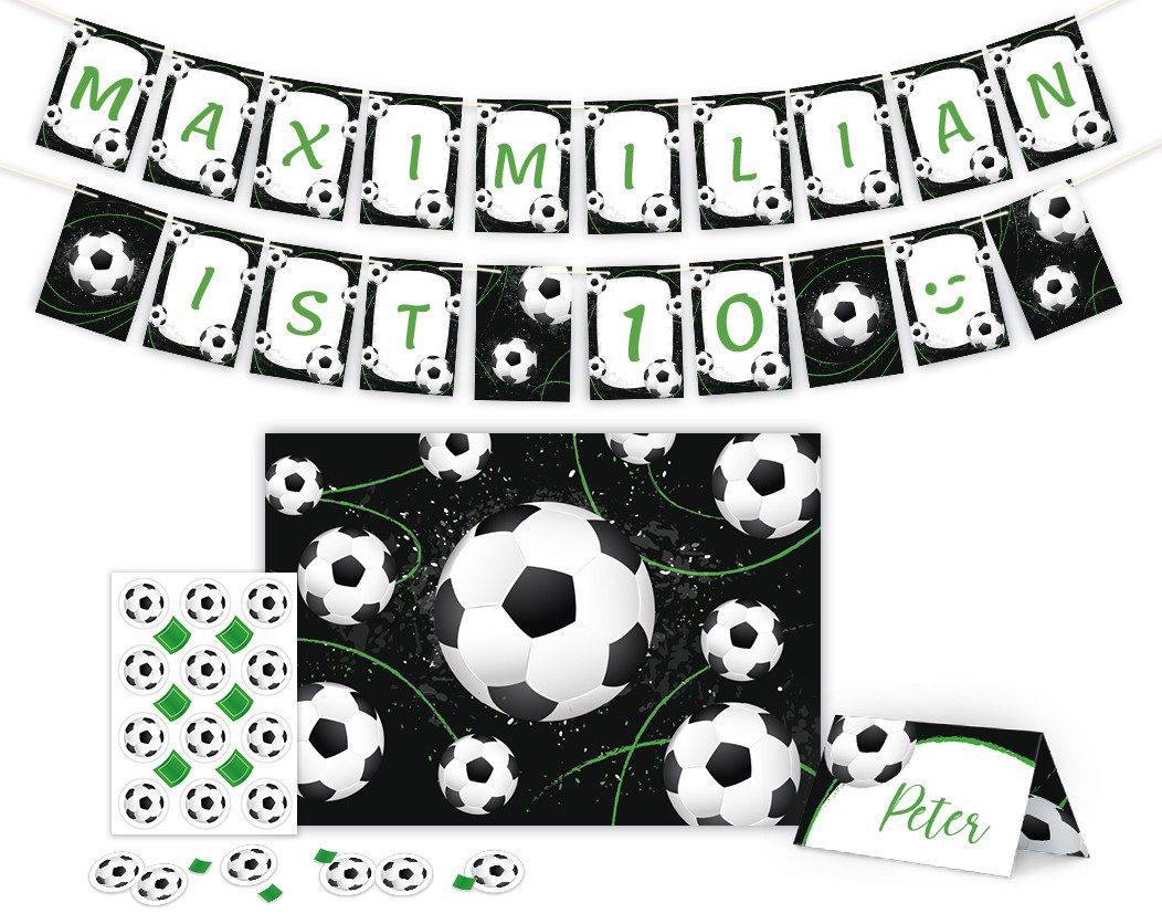 JUNAPACK Papierdekoration Party Set Deko Girlande Konfetti Tischset Kinder Geburtstag Fußball, Party Set mit Girlande, Konfetti und Tischsets Fußball