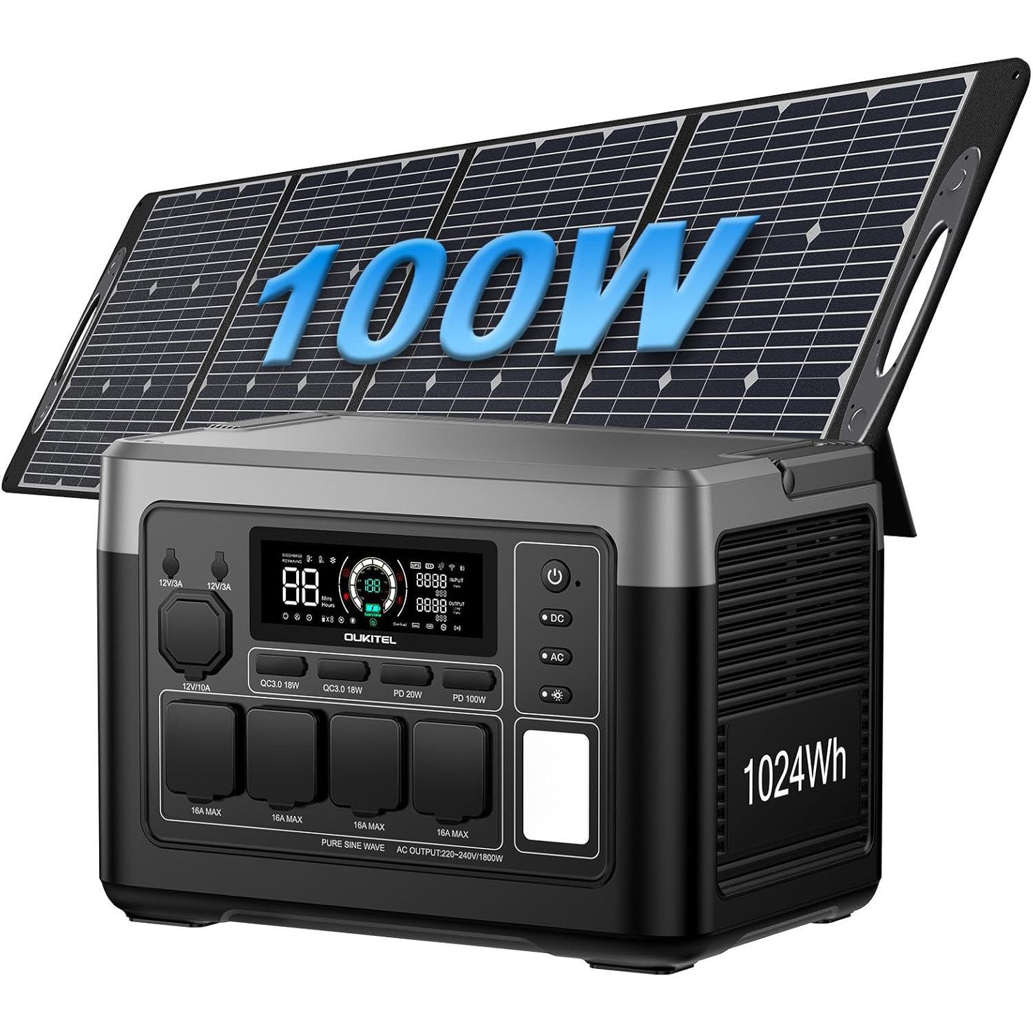 OUKITEL Stromerzeuger P1000E Plus 1800W/1024Wh Tragbare Powerstation, 1,8 in kW, (LiFePO4-Akku, 1-tlg., Mit 100W Solarpanel), Solargenerator mit 4*1800W AC Ausgänge, für Camping,Wohnmobil,Notfall