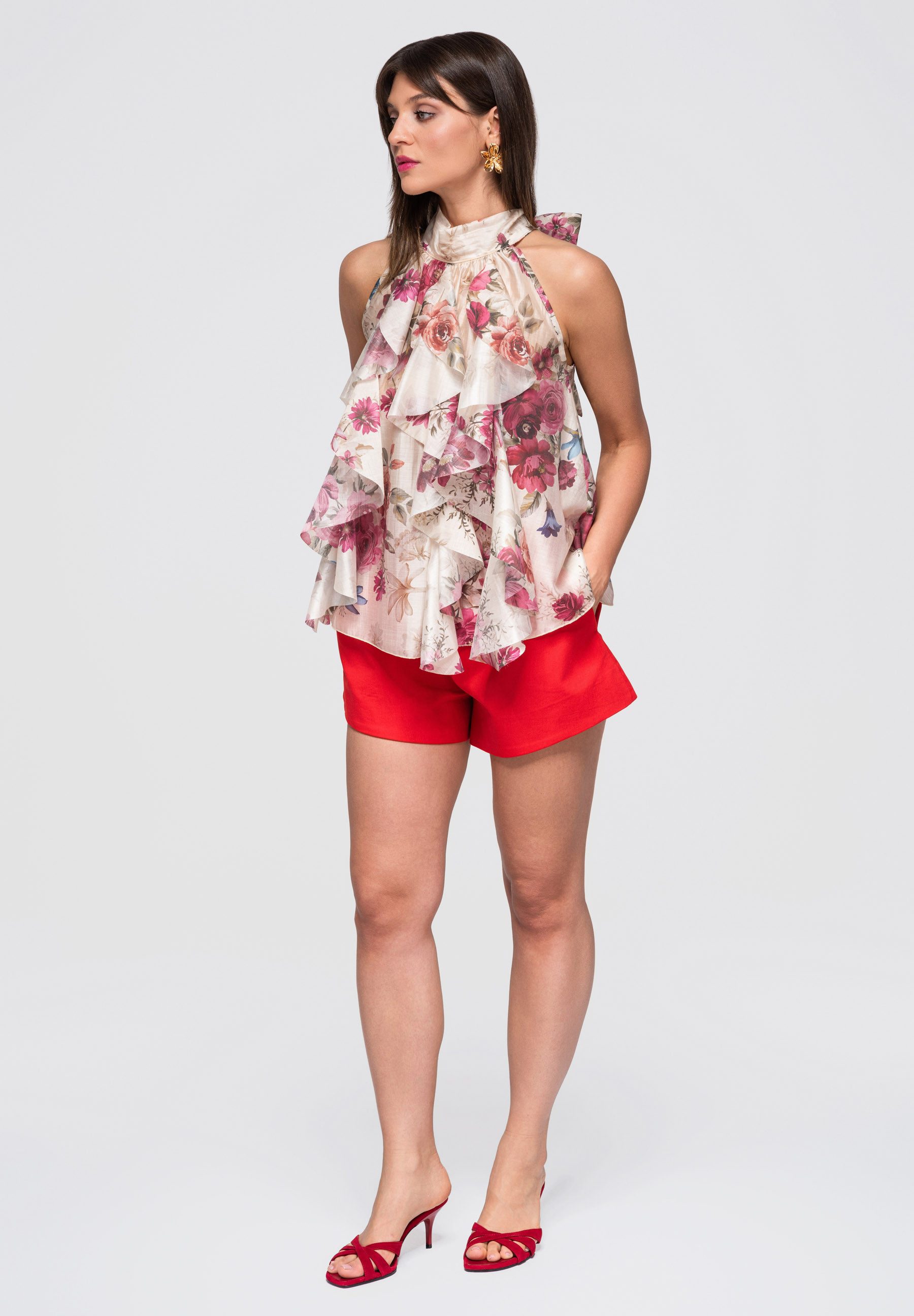 OMBRE Blusentop Damen Blusentop mit floralem Muster und Halterdekolleté Rose ONESIZE (kein Set, 1-tlg) florales Muster, kaskadierende Rüschen