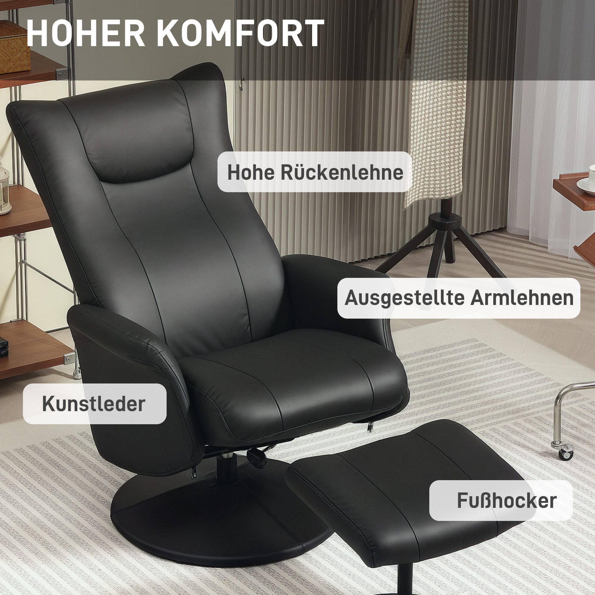 HOMCOM Relaxsessel mit Hocker 360°Drehbar TV-Sessel mit Liegefunktion (Fernsehsessel, 1-St., Ruhesessel mit Verstellbar Rückenlehne), bis 150 kg belastbar für W – Bild 5 von 5