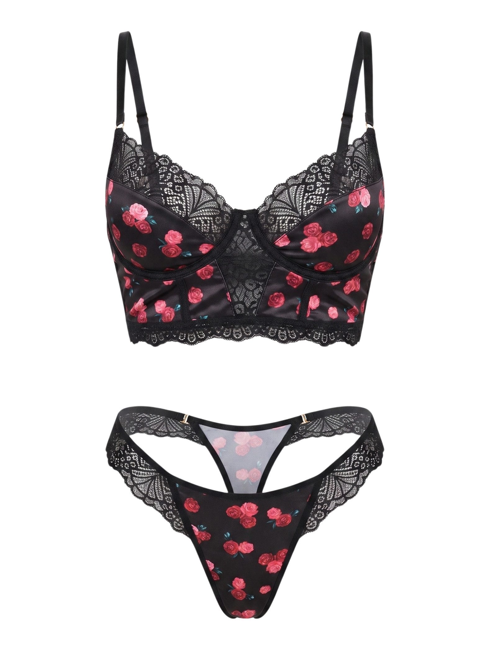 Elegant Love Set: Longline-BH Sexy Dessous-Set– Langer Bügel-BH & String aus Spitze (Set, 2-tlg., mit Tanga) Reizwäsche-Set für Damen – Unterwäsche