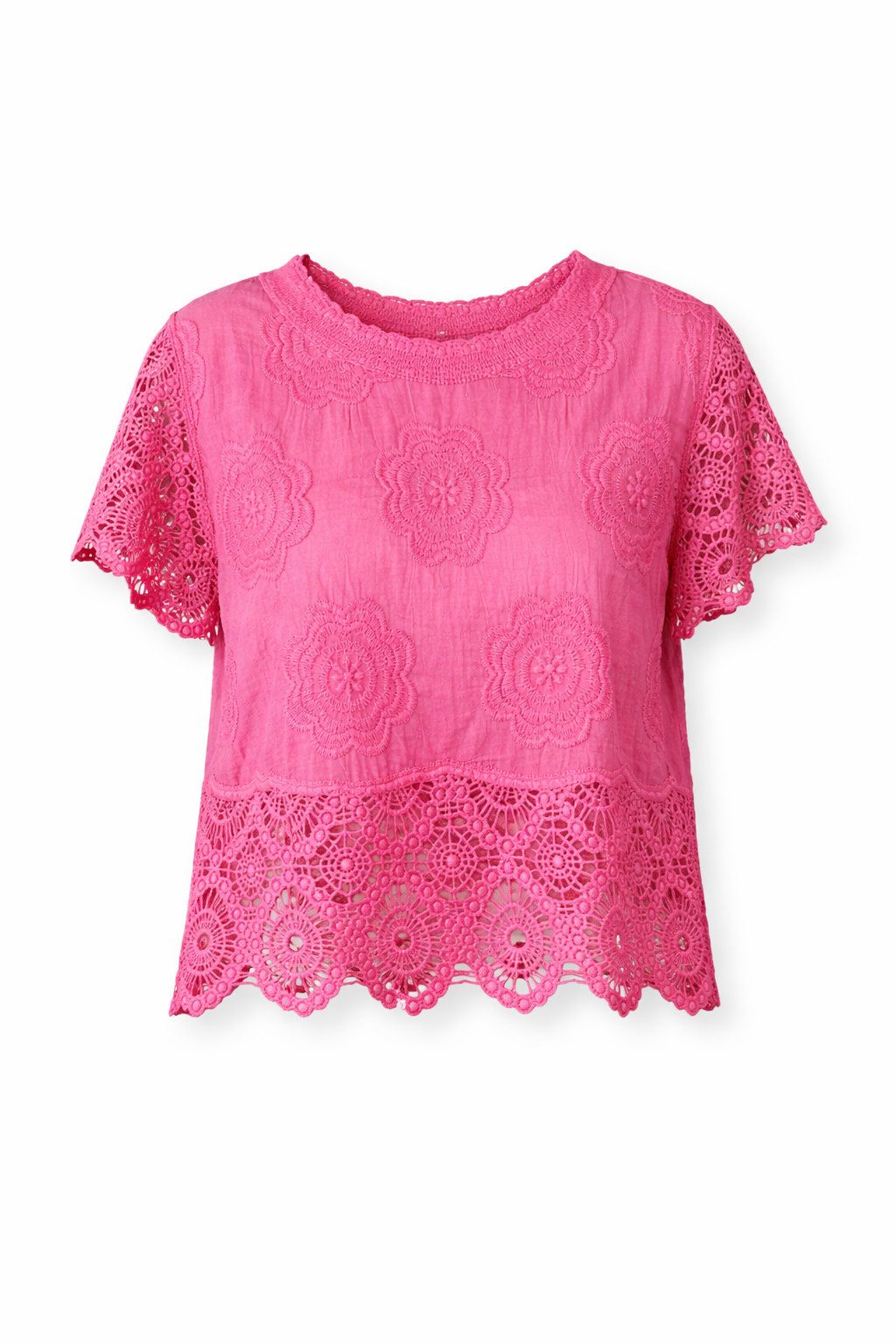 ITALY VIBES Spitzenbluse - Häkelbluse - Bluse pink - Shirtbluse - Kurzarm - ITALY VIBES ONE SIZE - passend für Größen XS - L