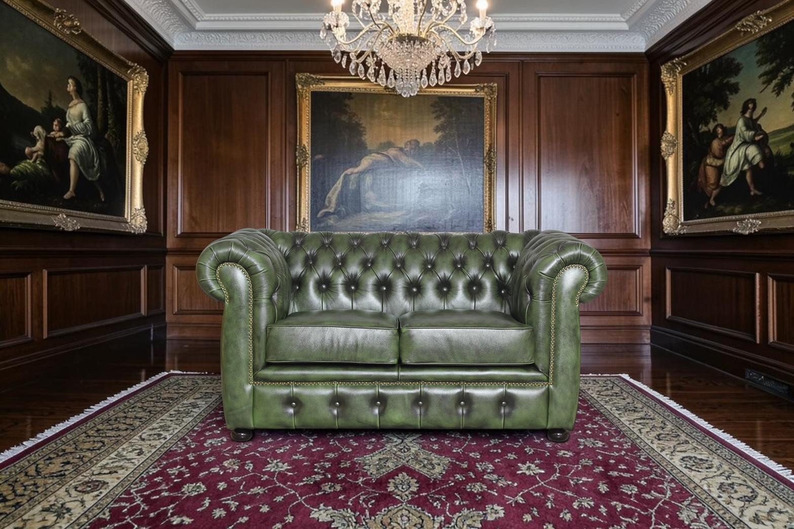 Salottini Chesterfield-Sofa Edles Sofa Chesterfield 2-Sitzer Couch Avon Ledersofa Salottini grün, 1 Teile, Handarbeit
