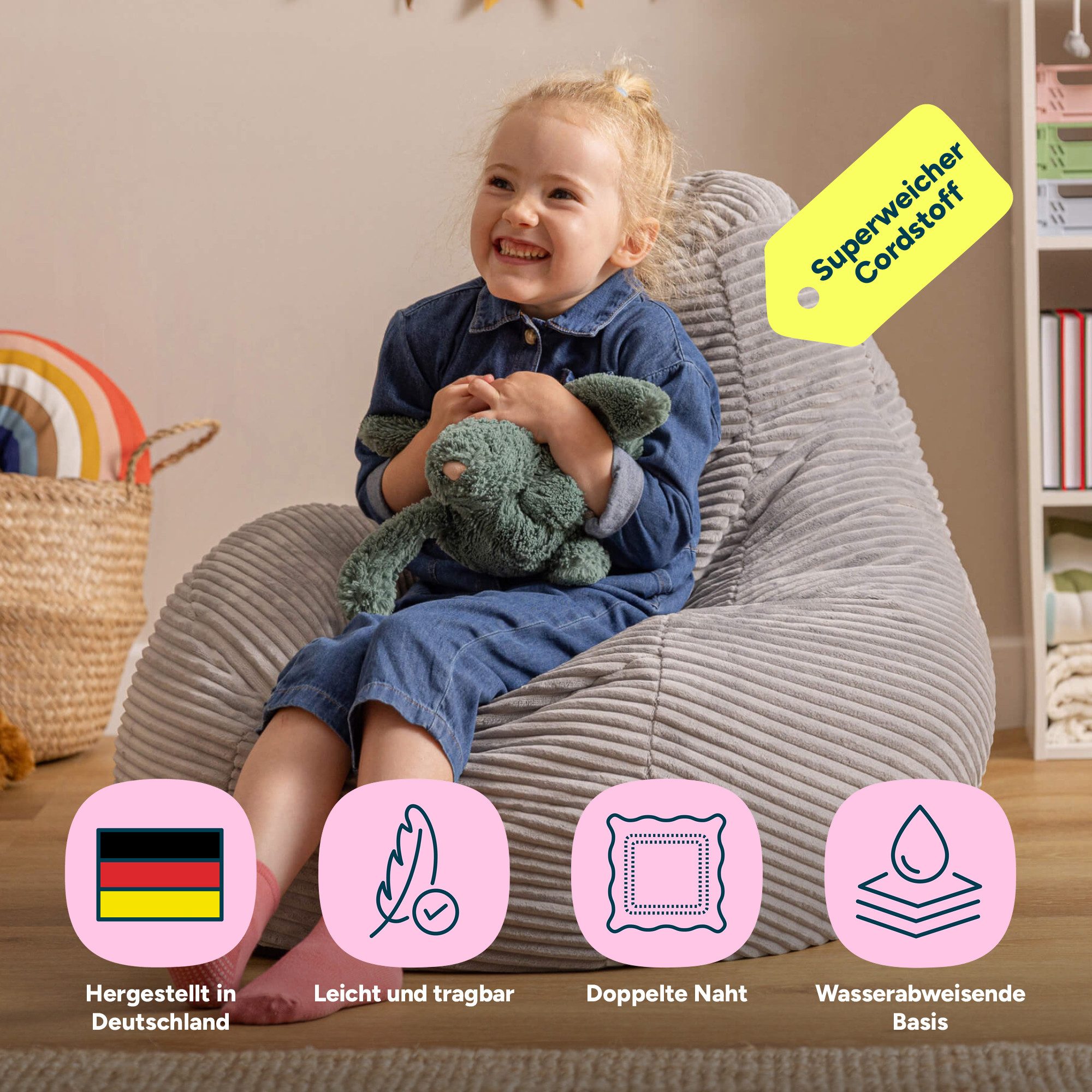 icon Sitzsack Kinder Sessel aus Cord Flauschig „Dalton", 69x59x65cm, Made in Germany, für Kinderzimmer, mit Füllung – Bild 3 von 5