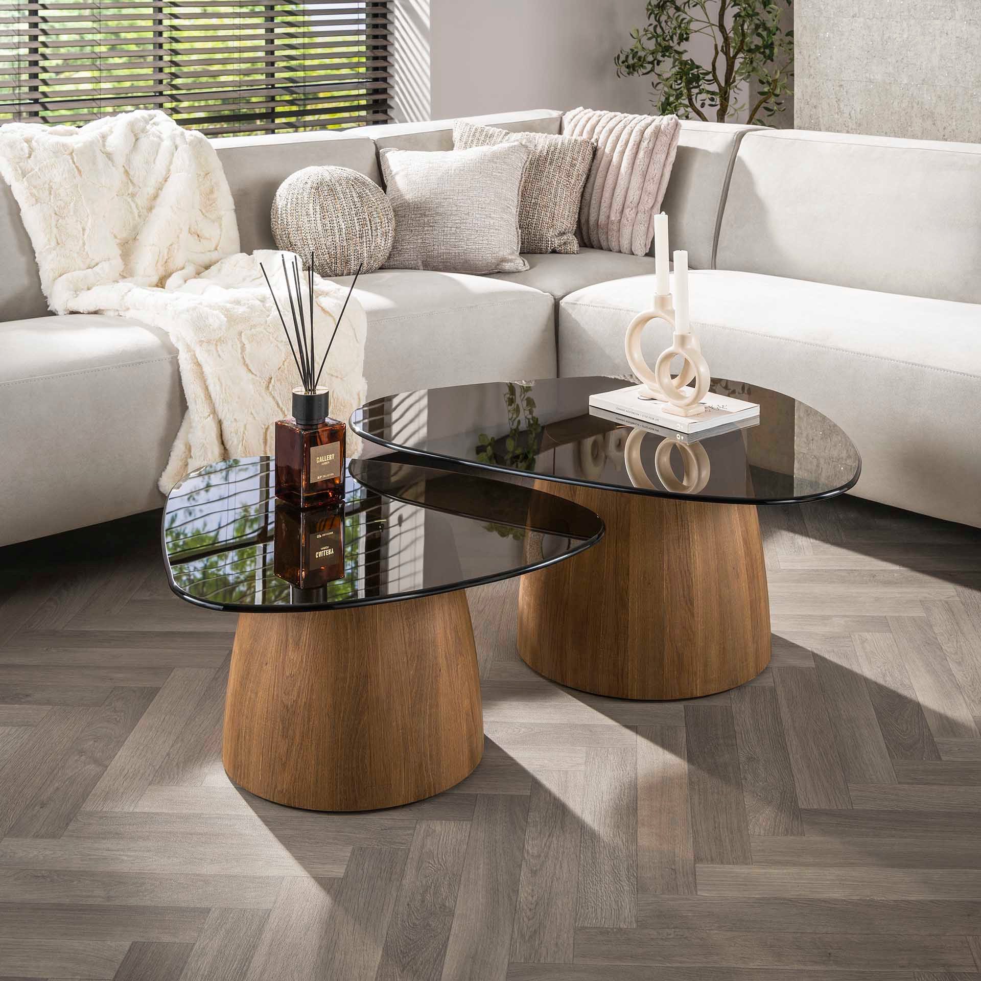 LEVEN Lifestyle Couchtisch 2 tlg. Wohnzimmertisch KANSO abgerundete Dreiecksform mit Glasplatte (2´er Set), Tischplatten aus gehärtetem, braunem Rauchglas