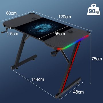 GUNJI Gamingtisch LED-Computertisch 120/140/160cm, mit Becherhalter und Kopfhörerhaken