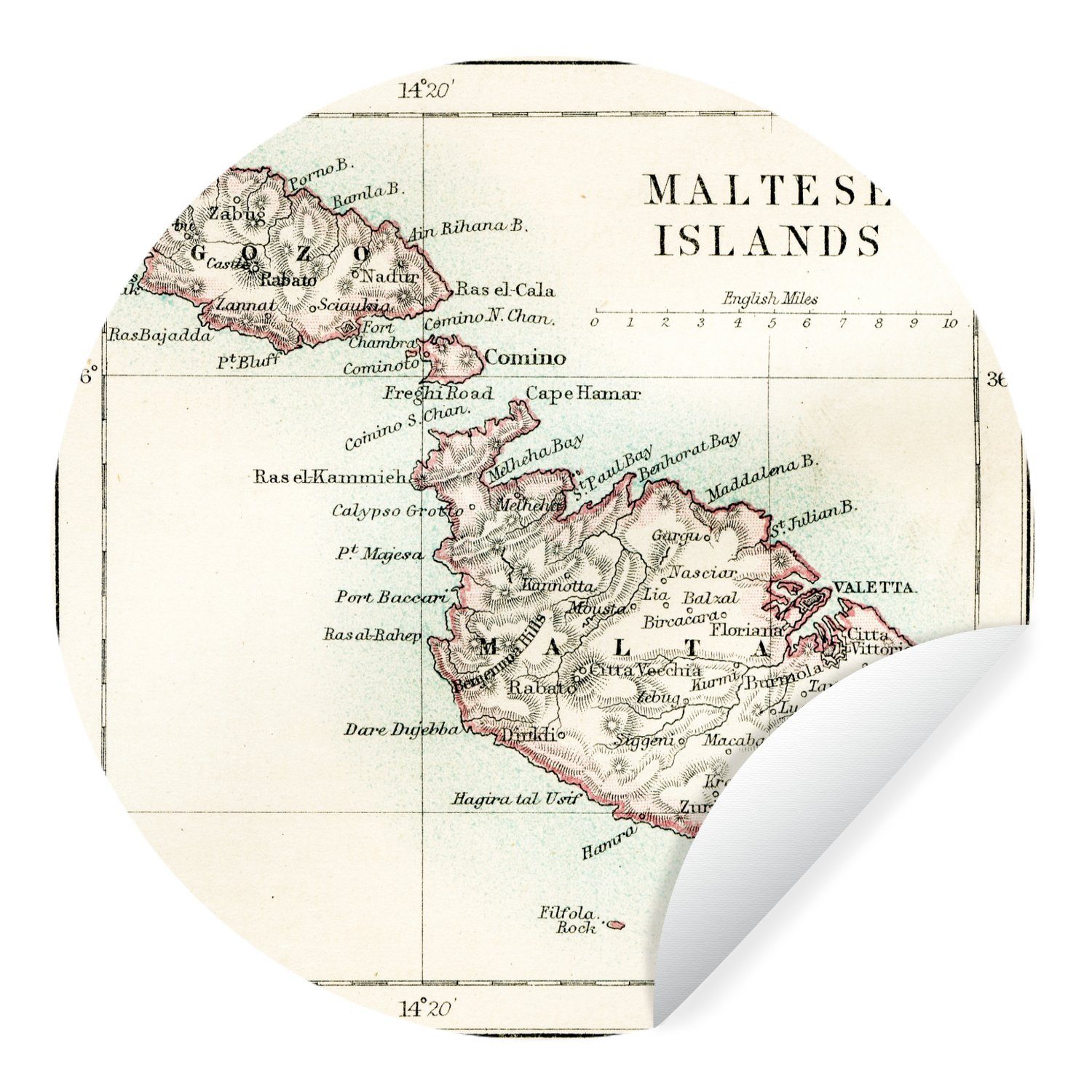MuchoWow Wandsticker Illustration der alten Karte von Malta (1 St), Tapetenkreis für Kinderzimmer, Tapetenaufkleber, Rund, Wohnzimmer