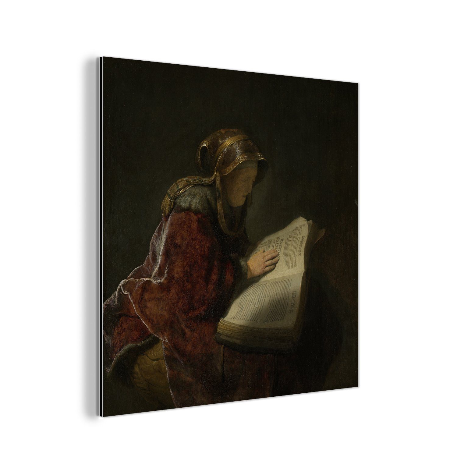 MuchoWow Metallbild Alte Frau lesend, wahrscheinlich die Prophetin Hanna - Rembrandt van, (1 St), Alu-Dibond-Druck, Gemälde aus Metall, Aluminium deko