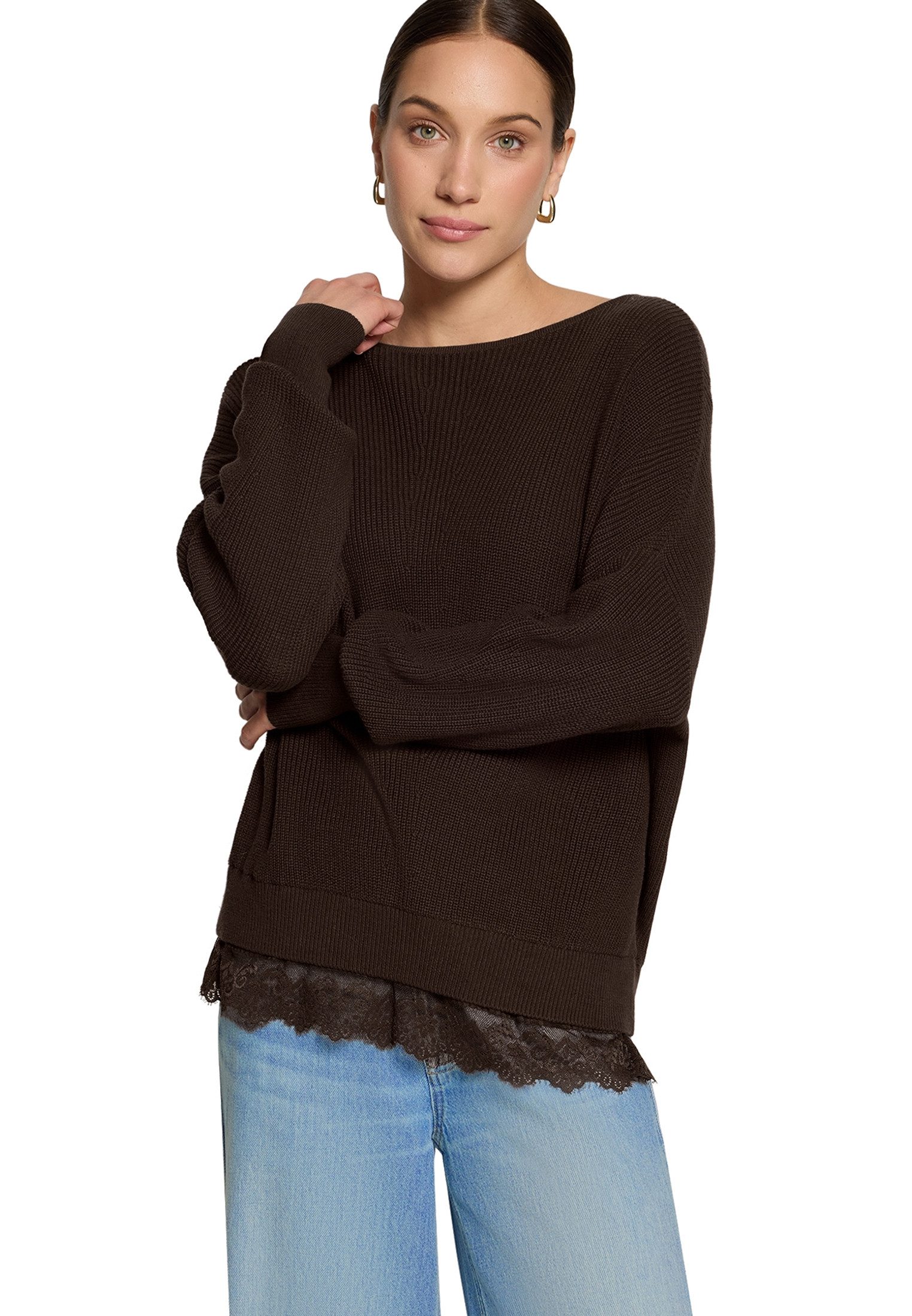 Zero Strickpullover Damen mit Spitzenkante (1-tlg) Struktur