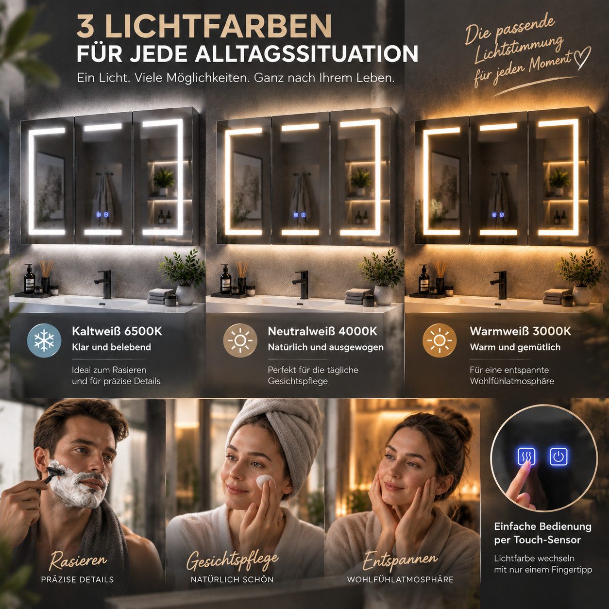 Simurq Badezimmerspiegelschrank 100 cm LED-Spiegelschrank mit 3 Türen, Anti-Beschlag Tuchentnahme im unteren rechten Bereich – Bild 4 von 5