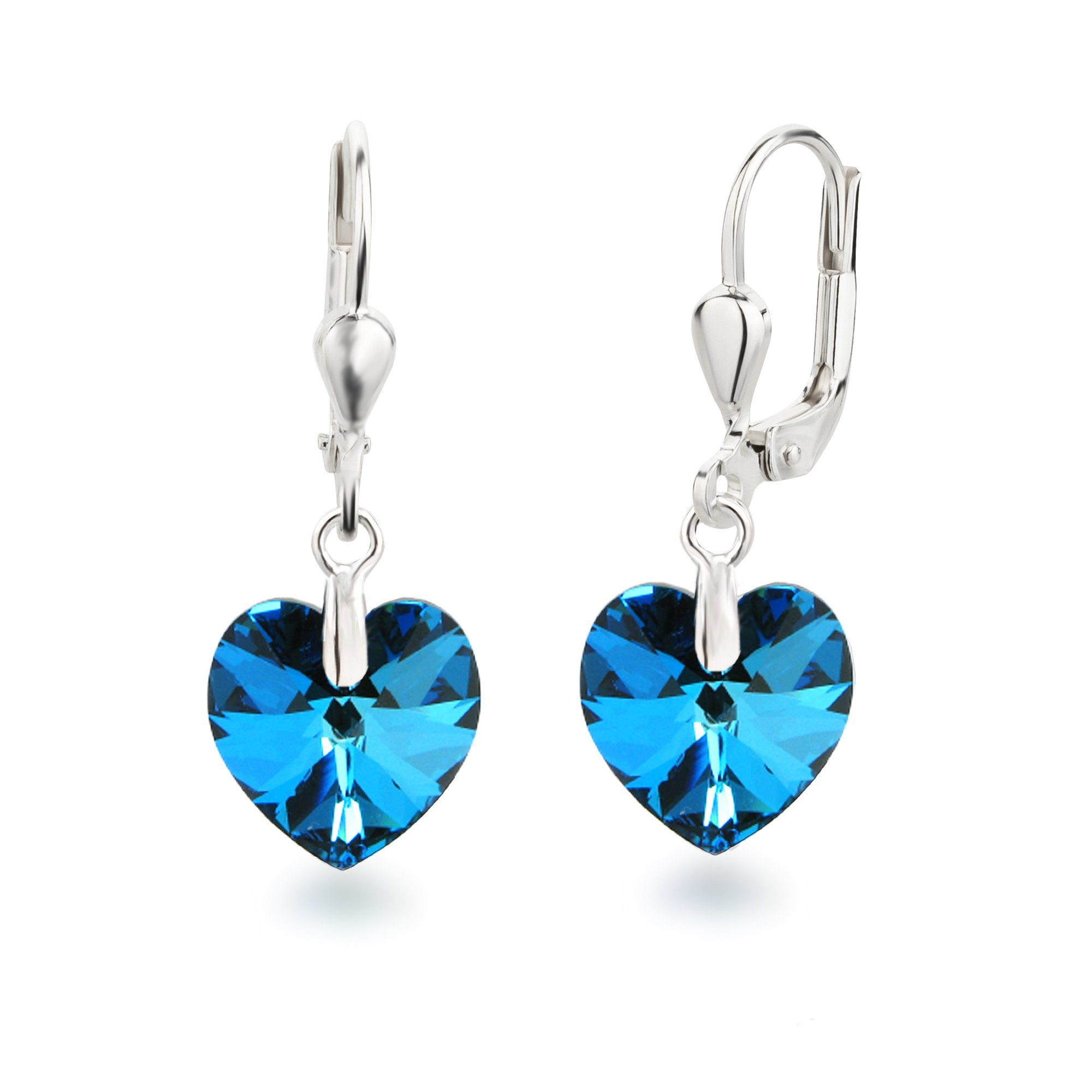 Schöner-SD Paar Ohrhänger Ohrringe hängend mit Herz Kristall 10mm für Damen und Mädchen, 925 Silber Bermuda Blue