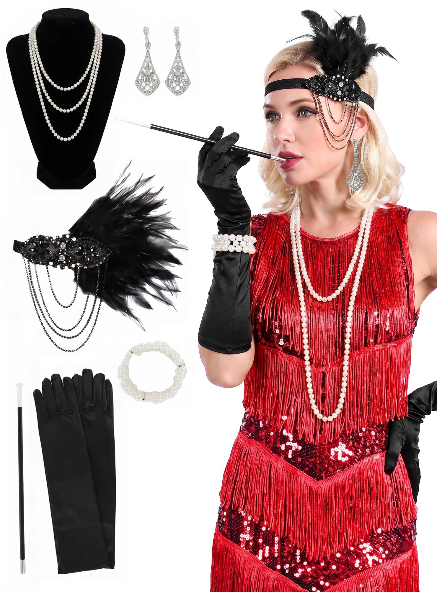 thetru Kostüm 20er Jahre Accessoire-Set für Damen, Fehlt nur noch das Cocktailkleid - fertig ist das 20er Jahre Outfit!