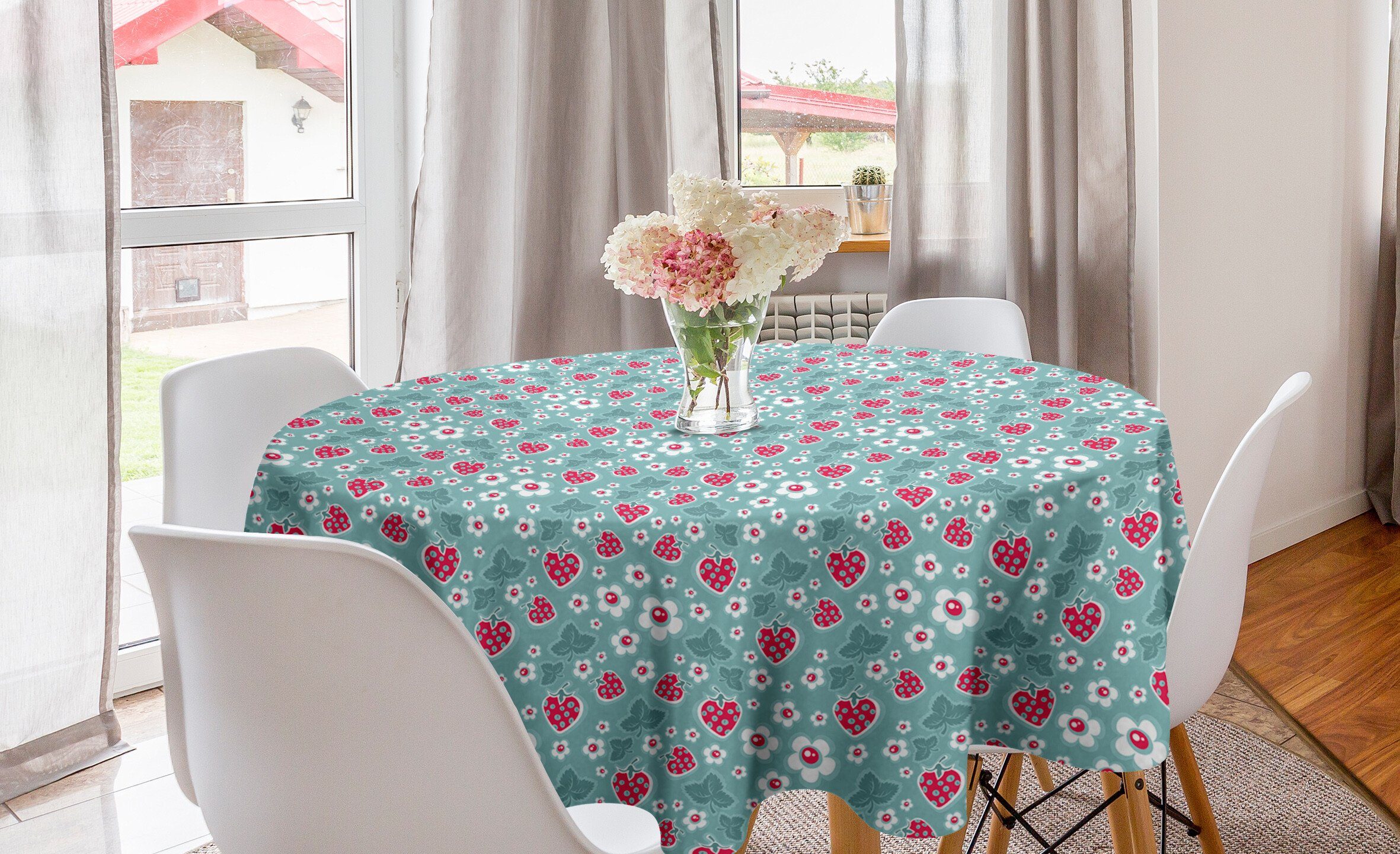 Abakuhaus Tischdecke Kreis Tischdecke Abdeckung für Esszimmer Küche Dekoration, Erdbeere Magenta Obst Blumen
