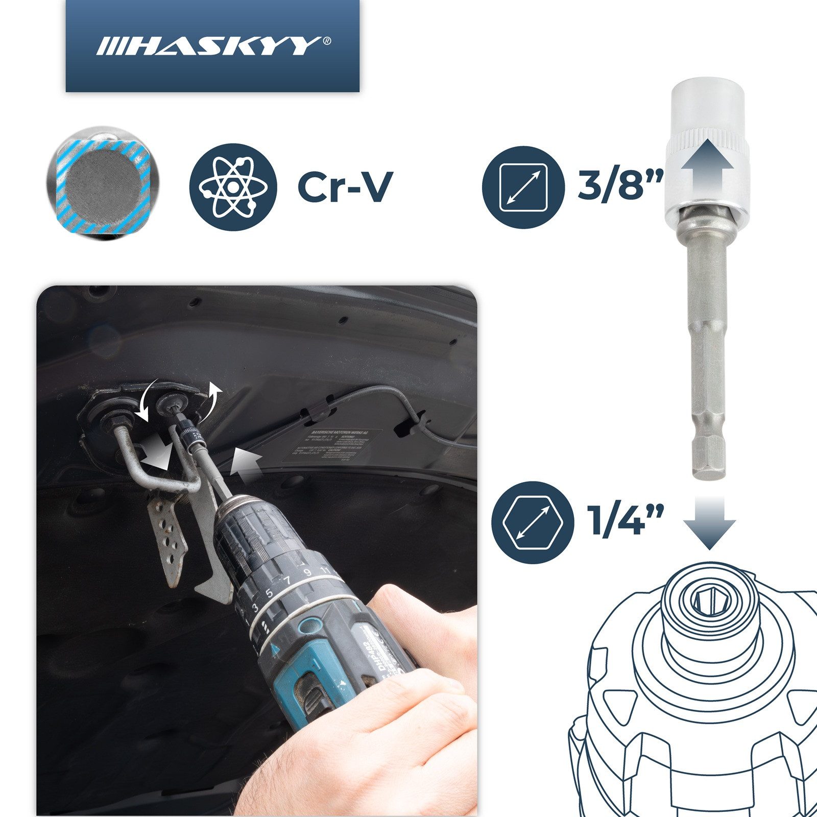 HASKYY Stecknuss Stecknuss Akkuschrauber-Adapter Set 3tlg. 1/4" 1/2" 3/8" 6-Kant Stecks – Bild 5 von 5