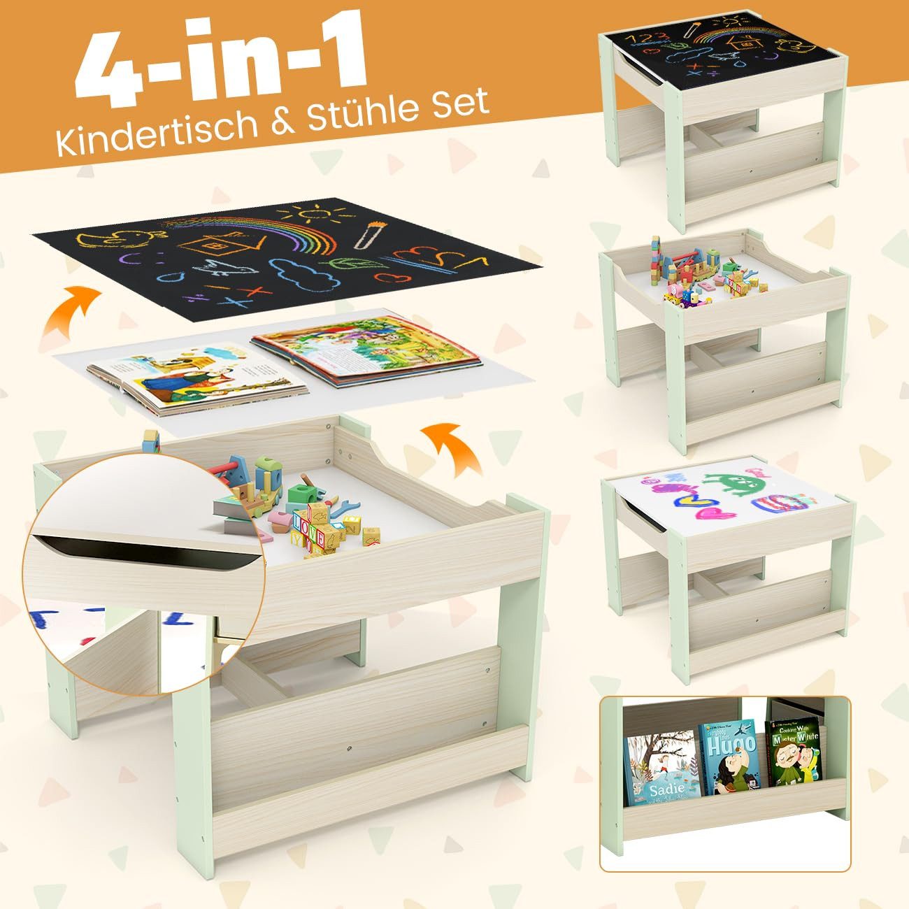 COSTWAY Kindersitzgruppe, (3-tlg), Holz mit Aufbewahrungsboxen & Bücherrega günstig online kaufen