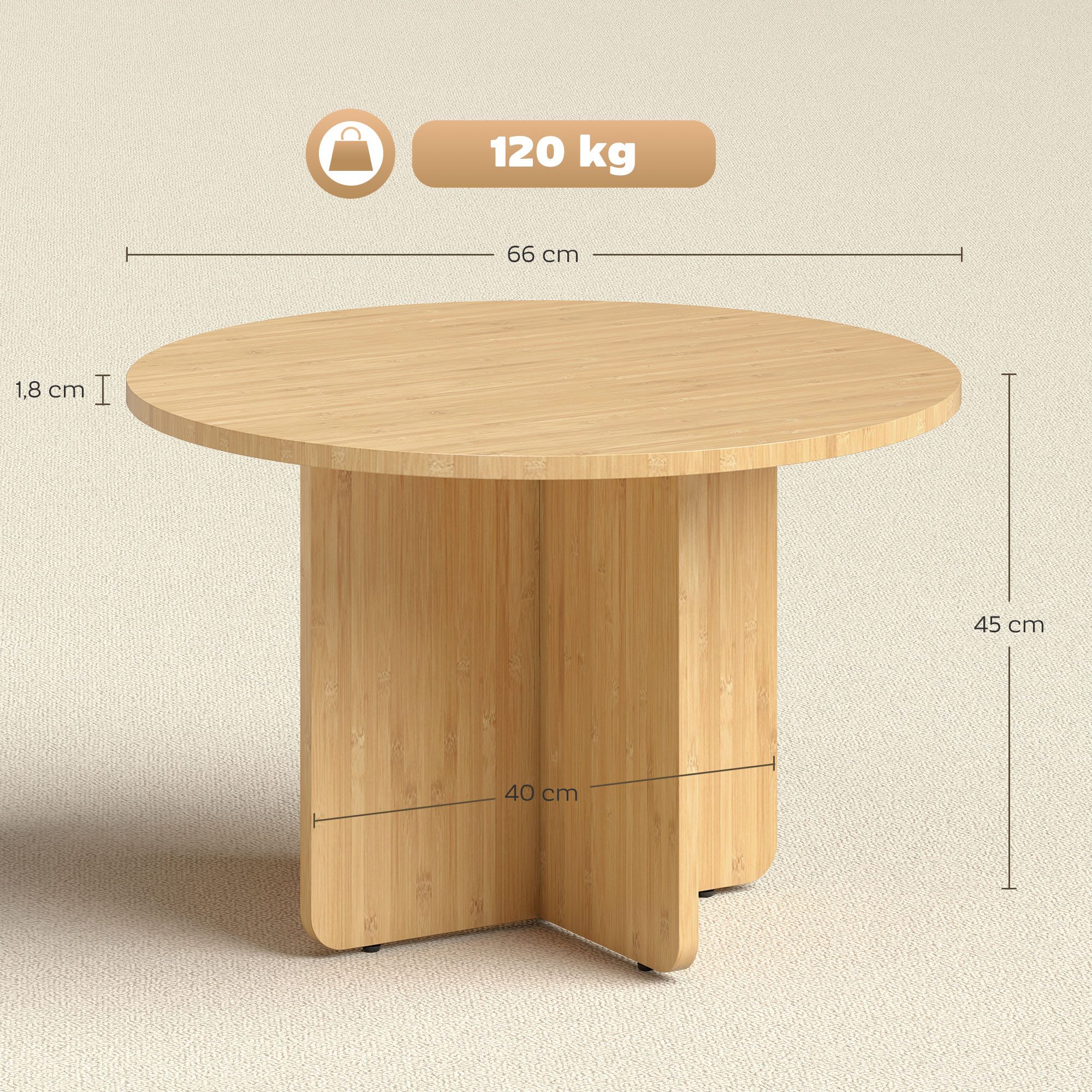 HOMCOM Couchtisch Wohnzimmertisch Rund Ø66 cm aus Bambus Beistelltisch (Beistelltisch, 1-St., Kaffeetisch), bis 120 kg Belastbar für Wohnzimmer, Schlafzimmer, Natur