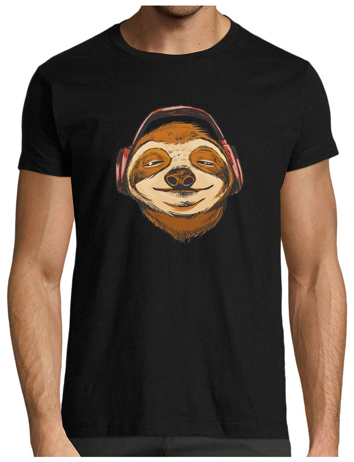 T-Shirt Herren Print Shirt - Cooles Faultier mit Kopfhörern