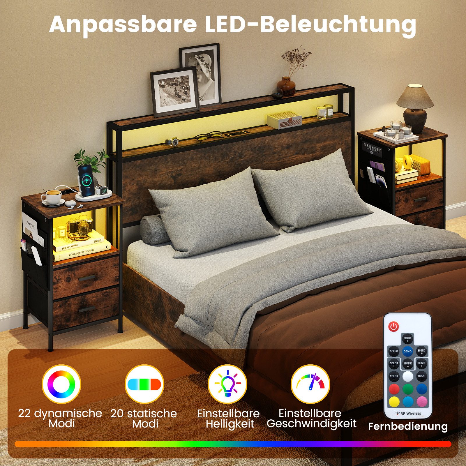COSTWAY Nachttisch (2-St), mit LED, Ladestation, günstig online kaufen