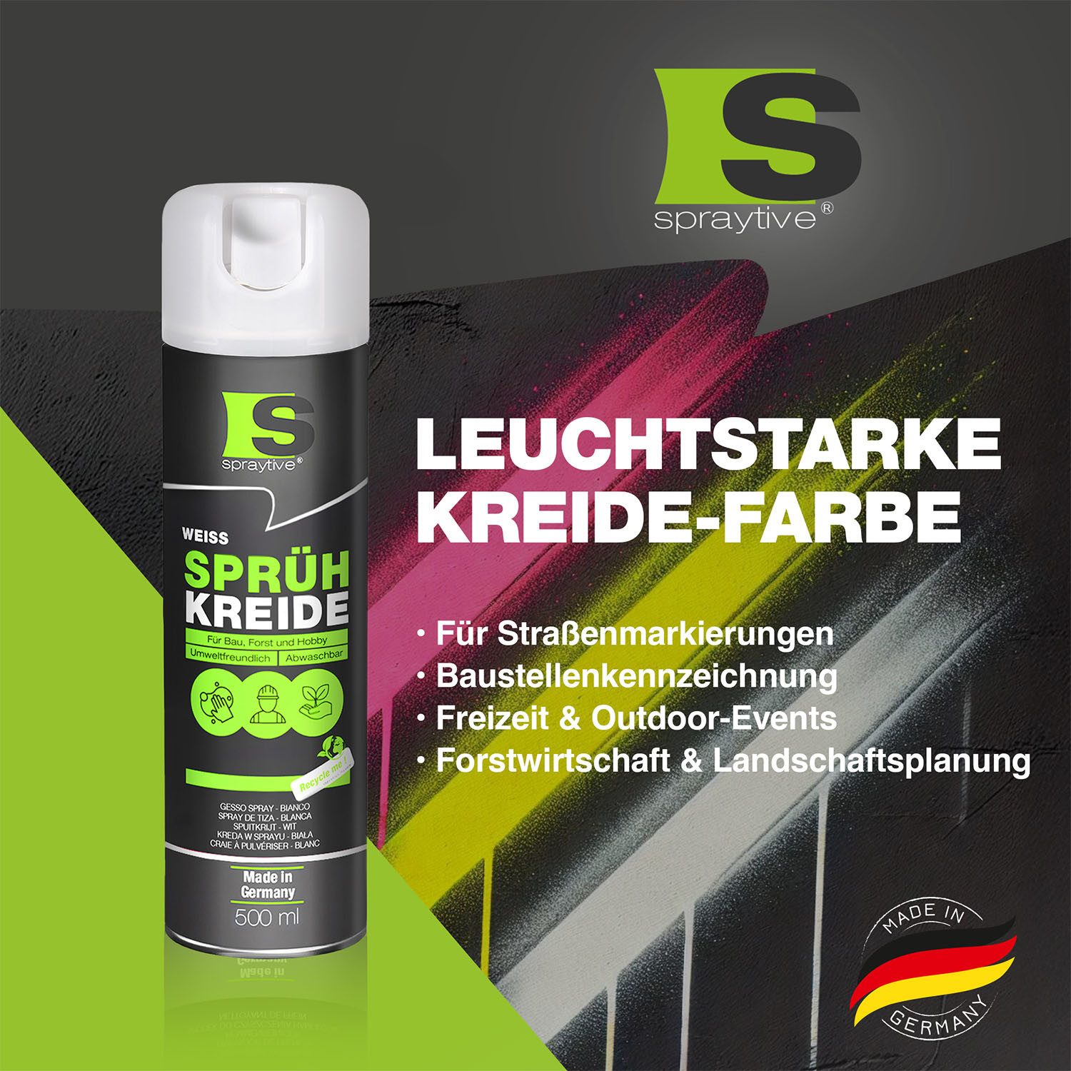 Spraytive Sprühfarbe 2x 500ml Sprühkreide weiß – abwaschbare leuchtende Kreidefarbe Outdoor, Made in Germany – Bild 2 von 5