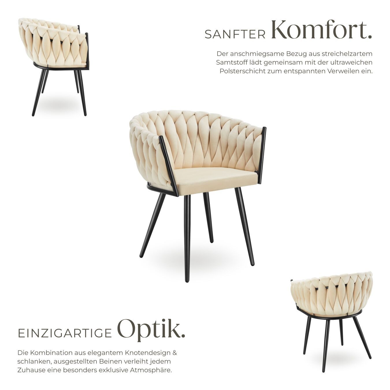 tectake Esszimmerstuhl Samtstuhl gepolstert, mit Samtbezug, Knotendesign, 60,5 x 55 x 75 cm (Polsterstuhl Astano in Sand, 4 St), Stahlbeine, höhenverstellbare Kunststofffüße, Belastbarkeit 120 kg