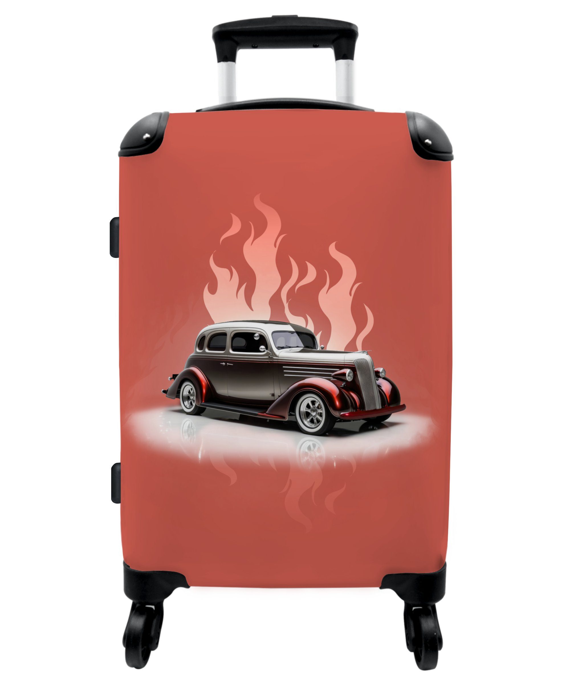 NoBoringSuitcases.com© Koffer Auto - Rosa - Vintage - Flammen 67x43x25cm, 4  Rollen, Mittelgroßer Koffer für Jungen, Kinder Trolley
