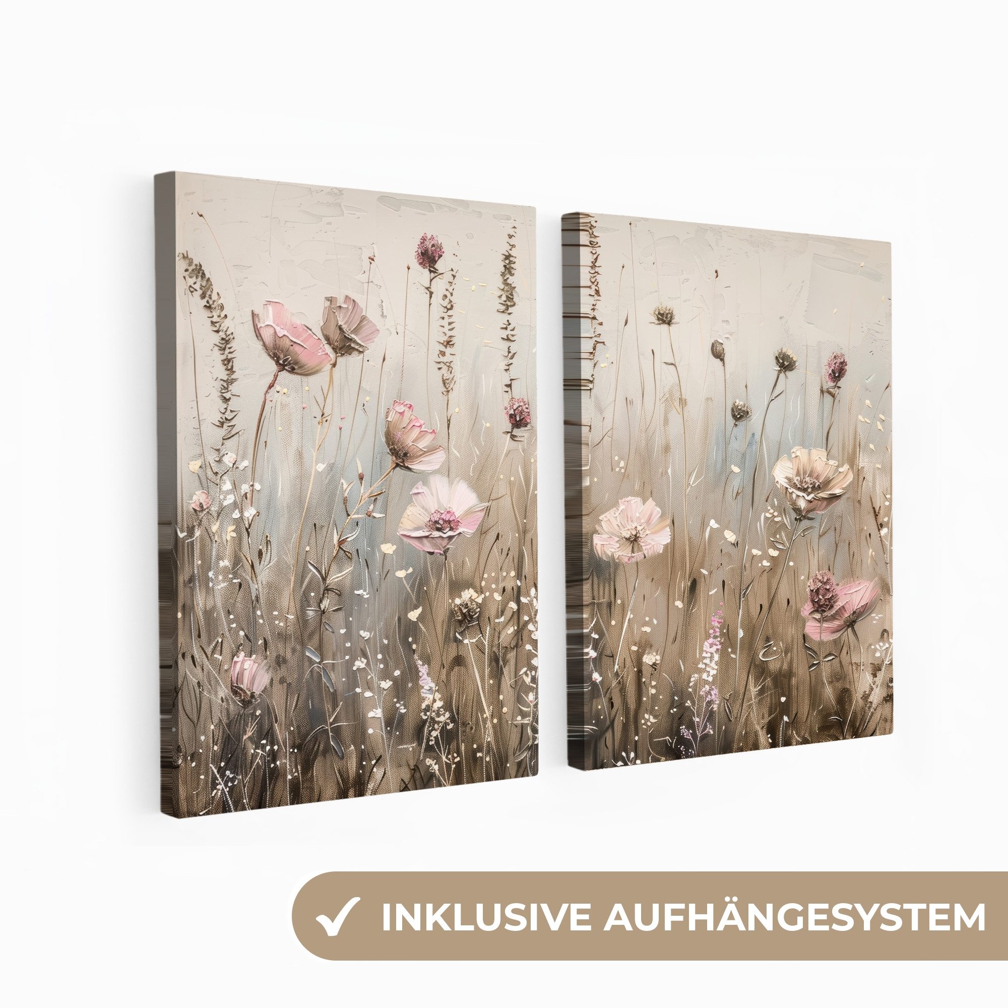 MuchoWow Leinwandbild Blumen - Beige - Modern - Rosa, Fotodruck (2 St), Wan günstig online kaufen