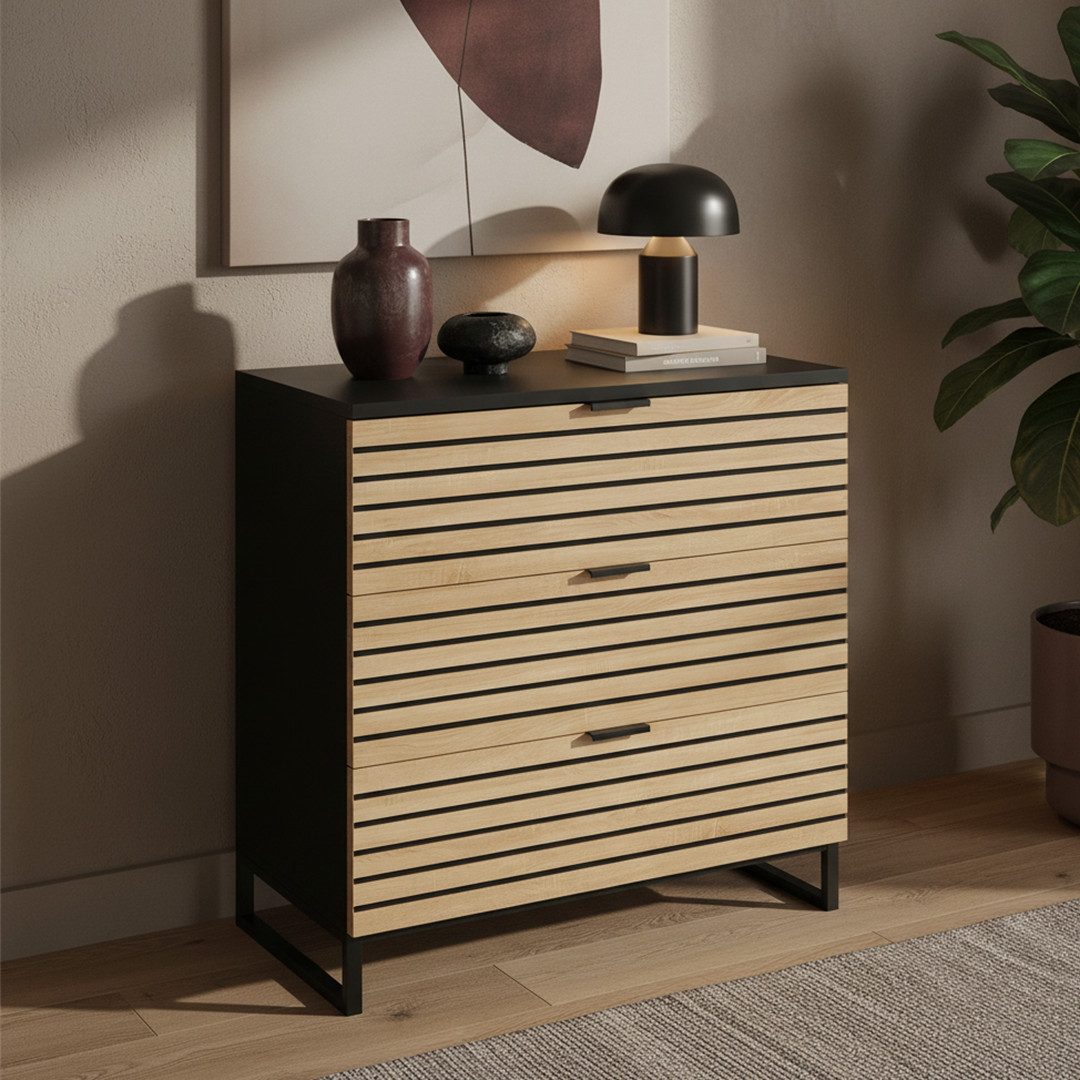 Bellamio Kommode Luvua in schwarz/Eichenoptik (mit Schubladen), Sideboard 80cm lang mit Holzoptik-Front