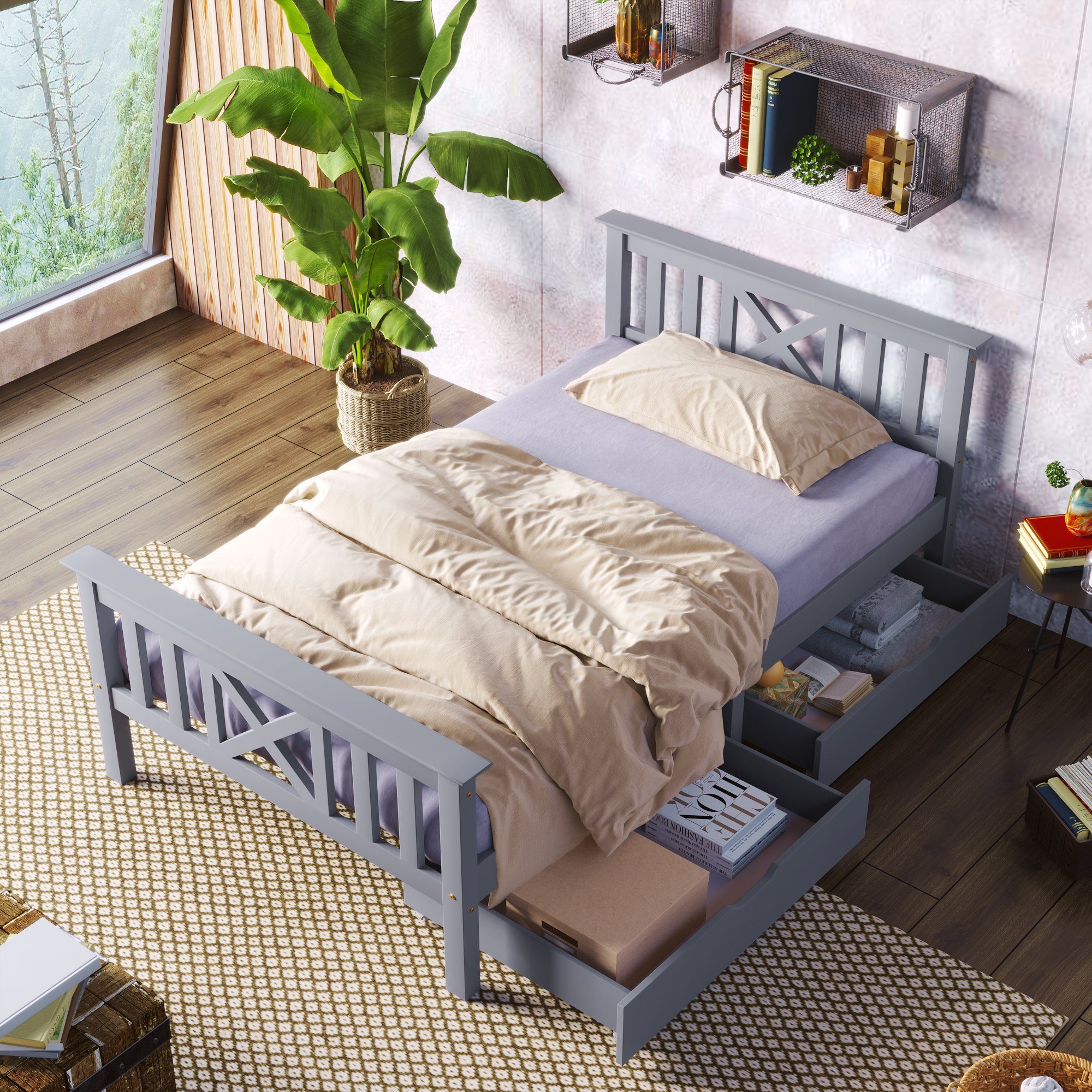 Massivholzbett, Einzelbett Holzbett mit 2 Schubladen, Lattenrost und Kopfteil 90x200cm
