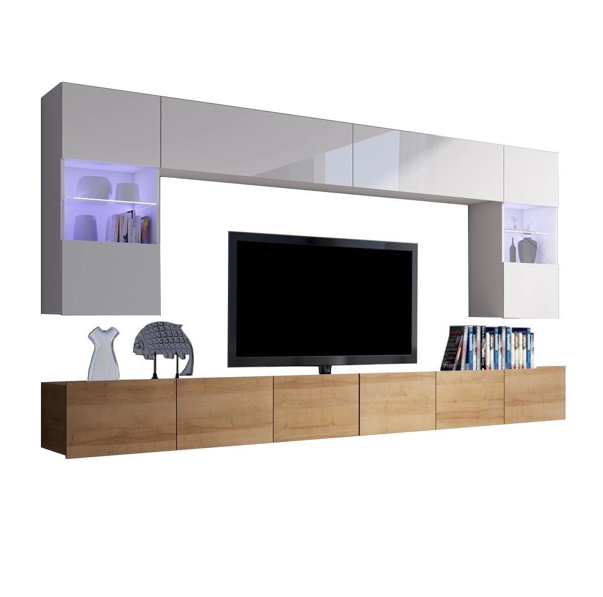 geräumig, 6-teilig Furnix 1 PUNE Mediawand TV-Wand 300 breit Möbelwand Farbauswahl, Weiß Wohnwand Glanz/Eiche-Gold cm