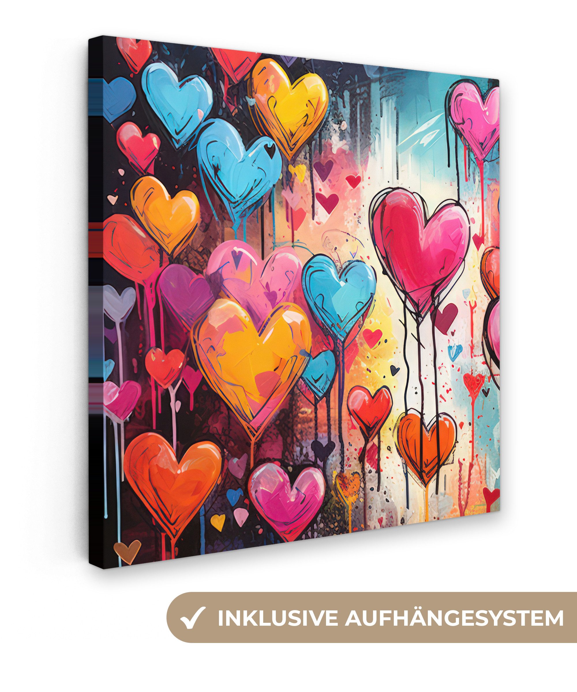 OneMillionCanvasses® Leinwandbild Herzen - Farben - Kunst - Liebe, Fotodruck (1 St), Wandbild, Deko Schlafzimmer Wohnzimmer Flur 20x20 cm