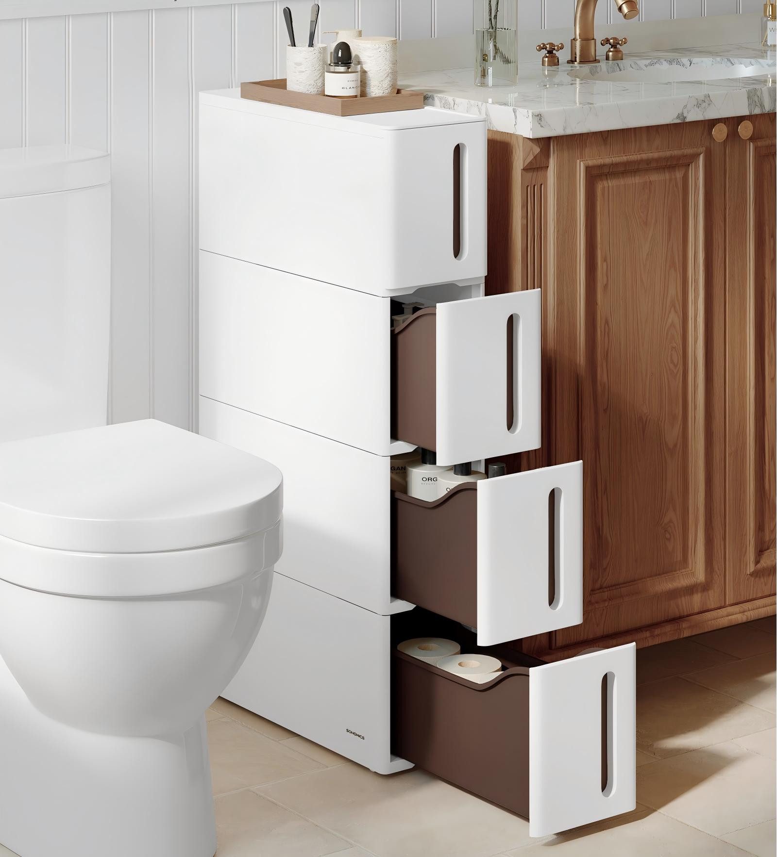 SONGMICS Beistellwagen Nischenregal mit Rollen, Rollwagen, 4 tiefe Schubladen, 17,3 cm breit, viel Stauraum