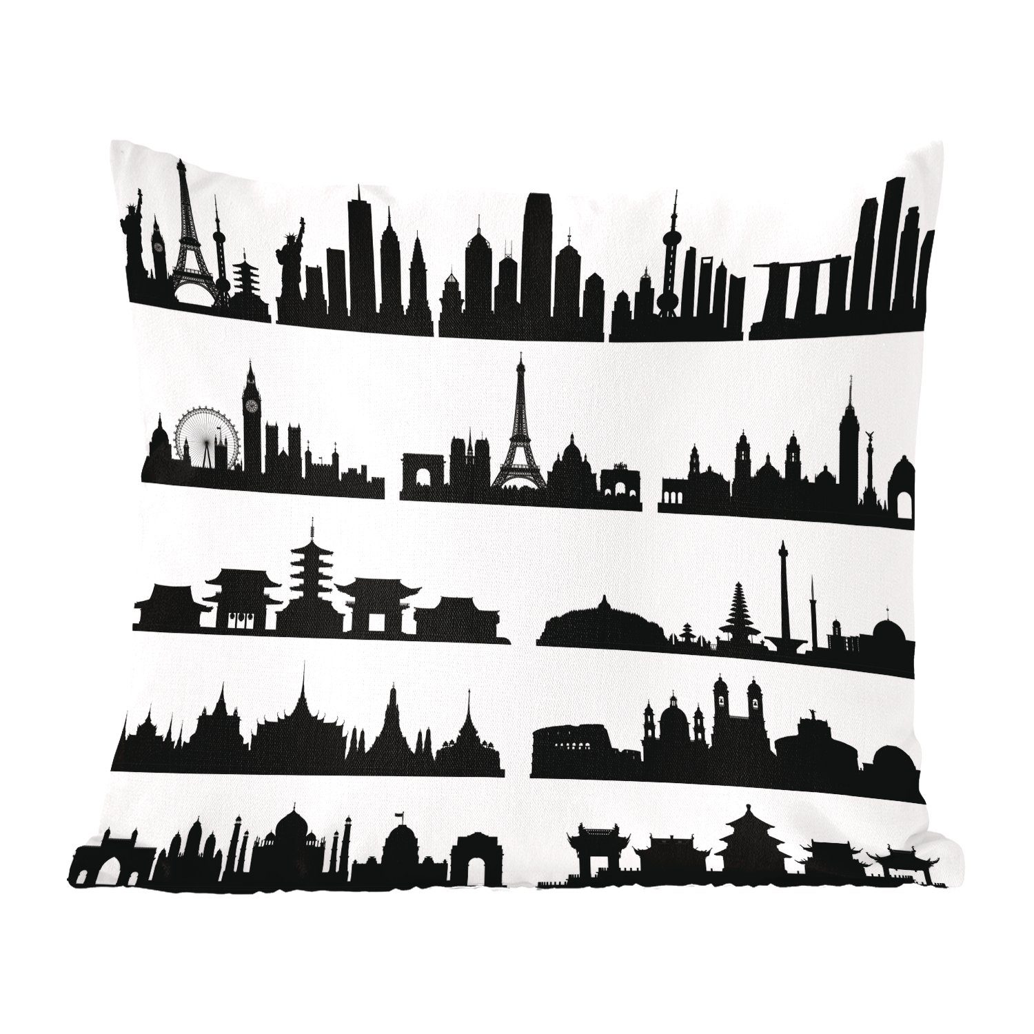 MuchoWow Dekokissen Schwarz-Weiß-Illustration der Stadt Skyline mit Sehenswürdigkeiten, Zierkissen mit Füllung für Wohzimmer, Schlafzimmer, Deko, Sofakissen