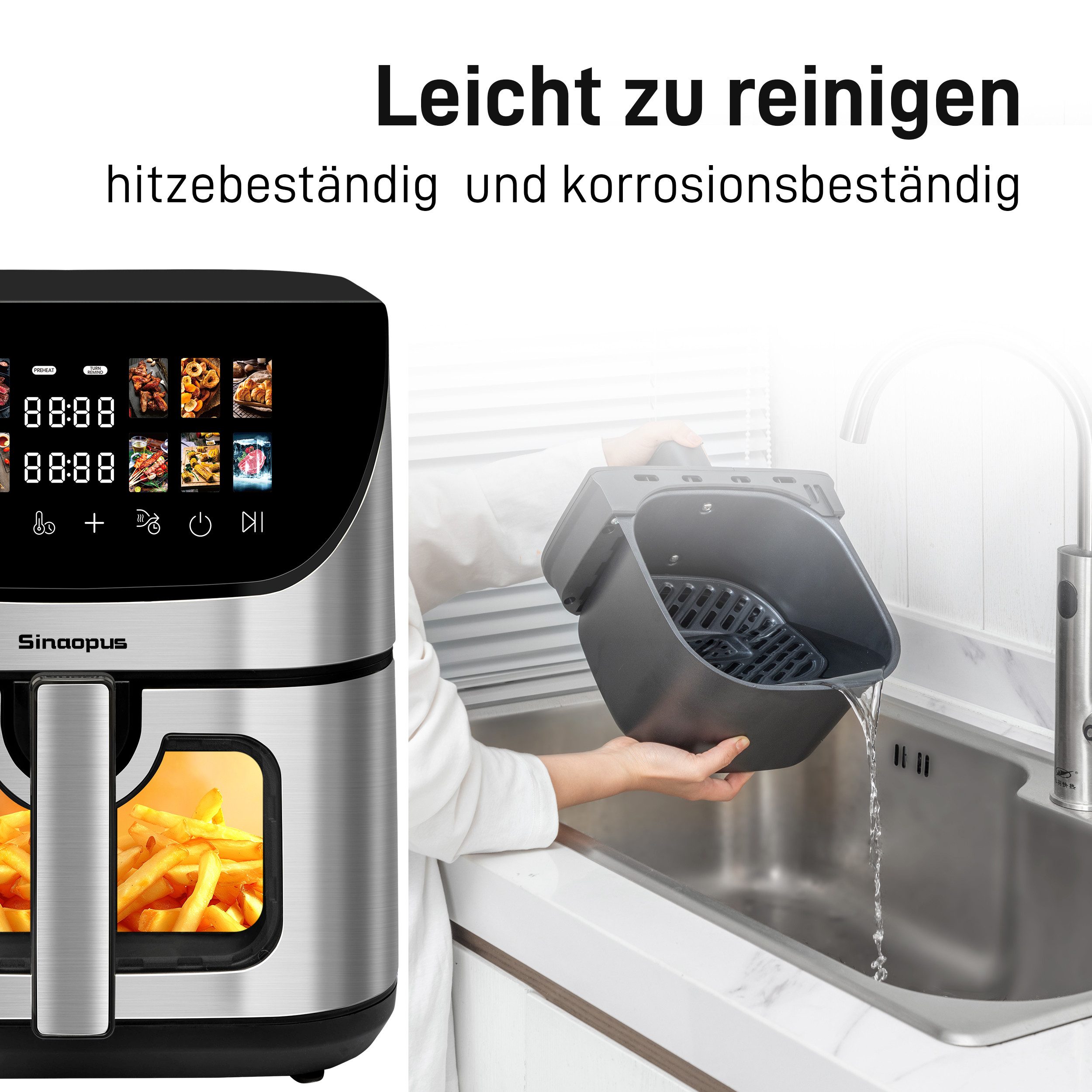 Sinaopus Heißluftfritteuse 8,5L XXL, Airfryer mit Sichtfenster, 12 Programmen, 1800,00 W, Airfryer mit LED-Farbdisplay, Timer & 80–200 °C Temperatur