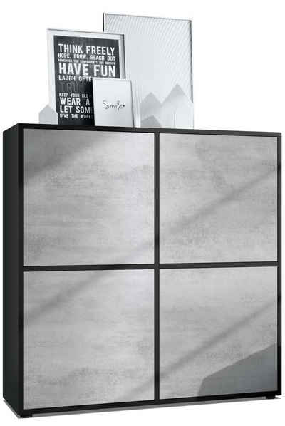 Vladon Highboard Cuba (Schrank, 104 x 105,5 x 35,5 cm Sideboard mit 8 Fächern), Korpus in Schwarz matt / Fronten in Beton Oxid Optik