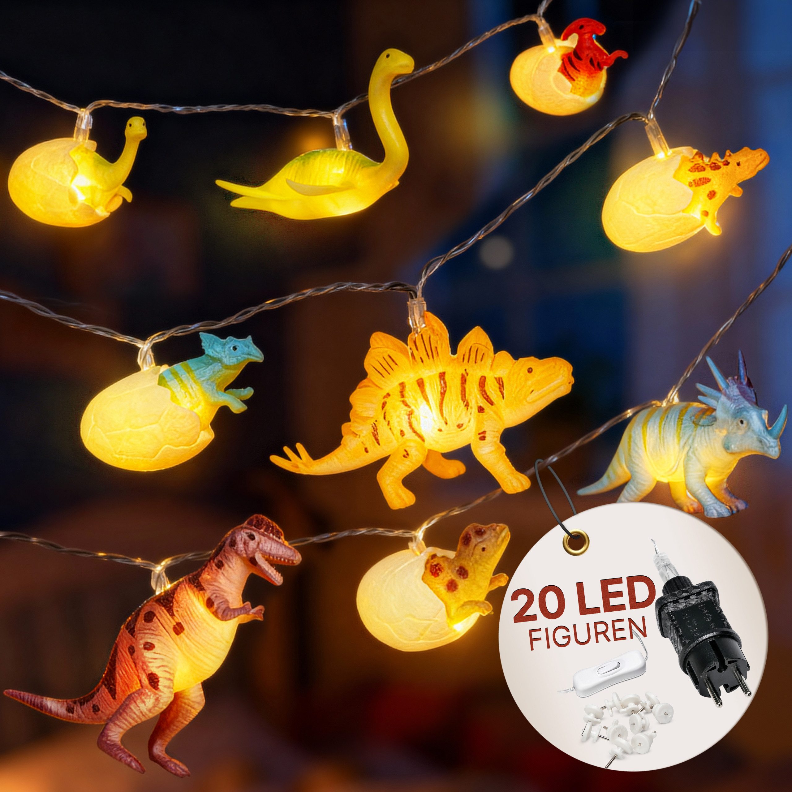 COZY HOME LED-Lichterkette Dino Lichterkette Batterie und Stecker -, 12 LED Figures I Warmweißes LED-Licht I Dino Design I EU-Konformität