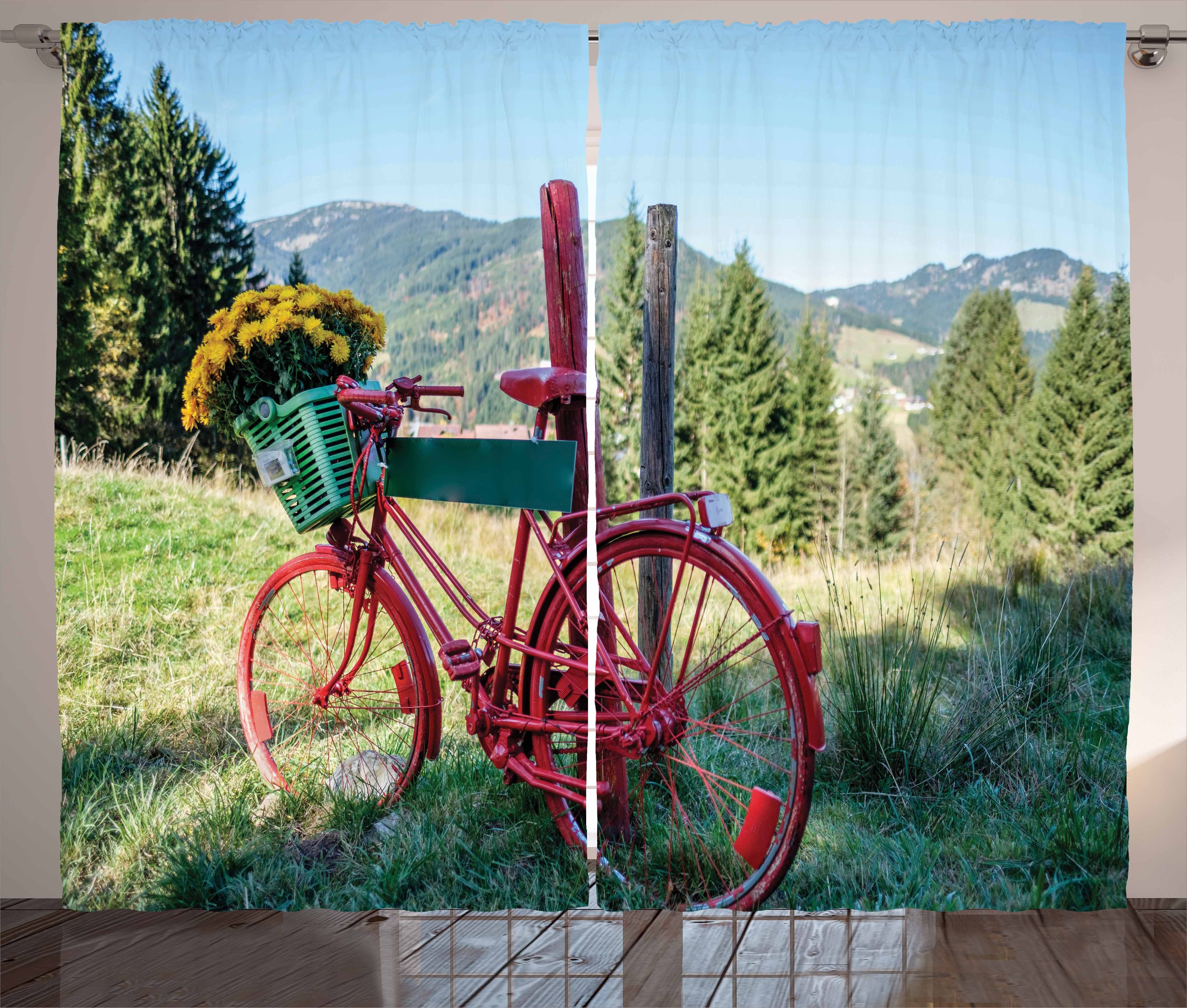 Gardine Schlafzimmer Kräuselband Vorhang und Berglandschaft Fahrrad Schlaufen mit Bike und Haken, Abakuhaus