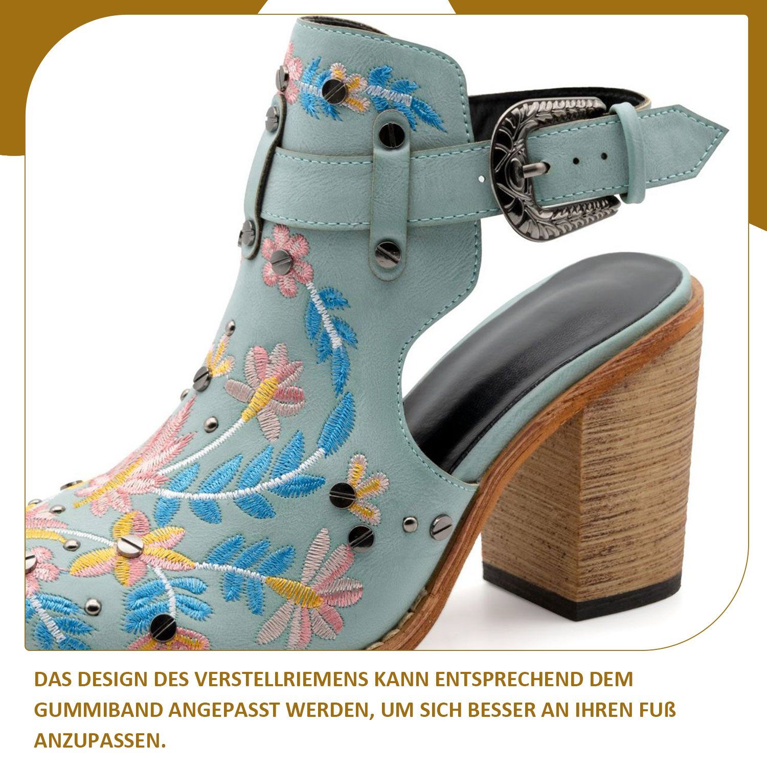 Daisred Vintage Bestickte Absätze Retro Sandalette Nieten-Sandalen Blau