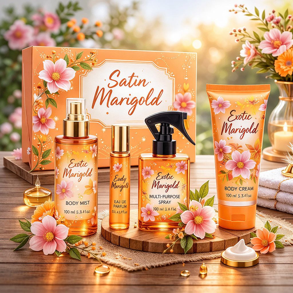 Fine Perfumery London Pflege-Geschenkset Exotic Marigold Damen Duftset 4-tlg Ins vom bekannter Düfte Made in UK, 4-tlg., Hergestellt in UK, Geschenkset
