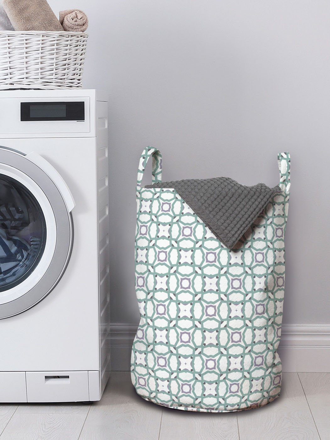 Wäschesäckchen Kordelzugverschluss Griffen Abakuhaus und für Wäschekorb Abstrakt Waschsalons, Streifen grüne Quadrate mit