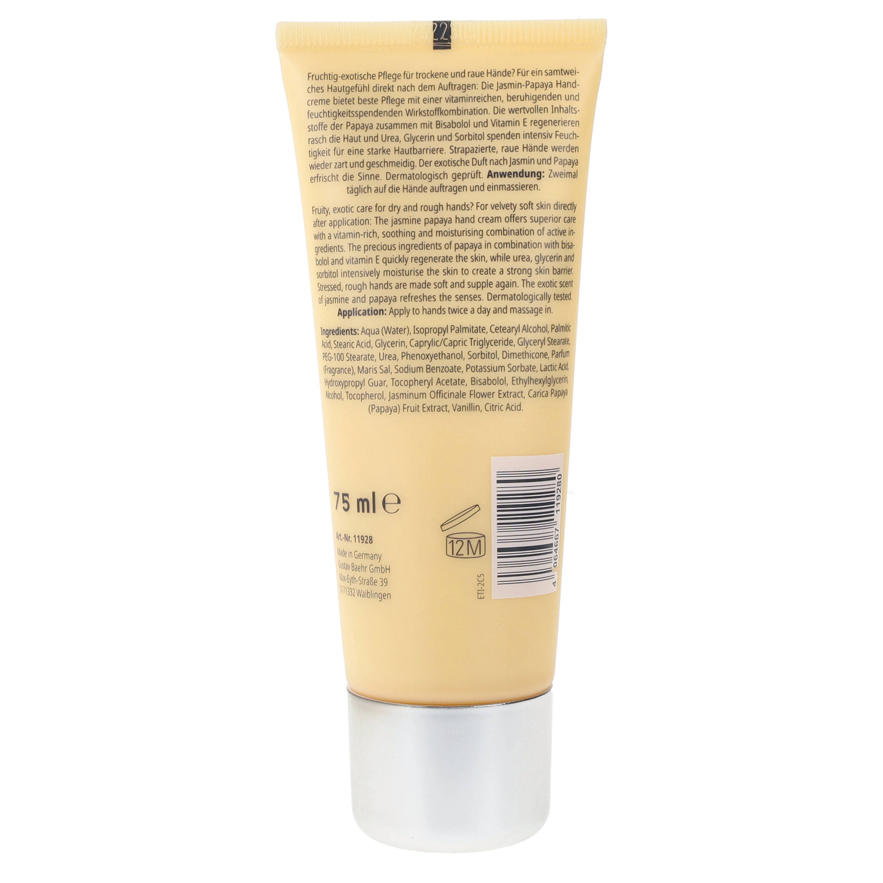 BAEHR BEAUTY CONCEPT Handcreme Baehr Beauty Concept Jasmin-Papaya Handcreme 75ml exotisch-fruchtiger Duft, 1-tlg., Vitamin E, Urea und Bisabolol pflegen intensiv